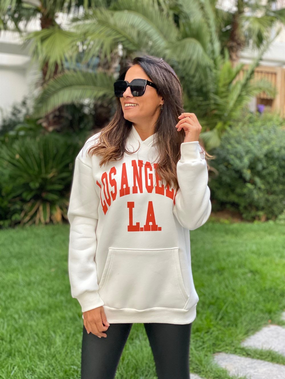 Beyaz Kapüşonlu Los Angeles Baskılı Kadın Sweatshirt