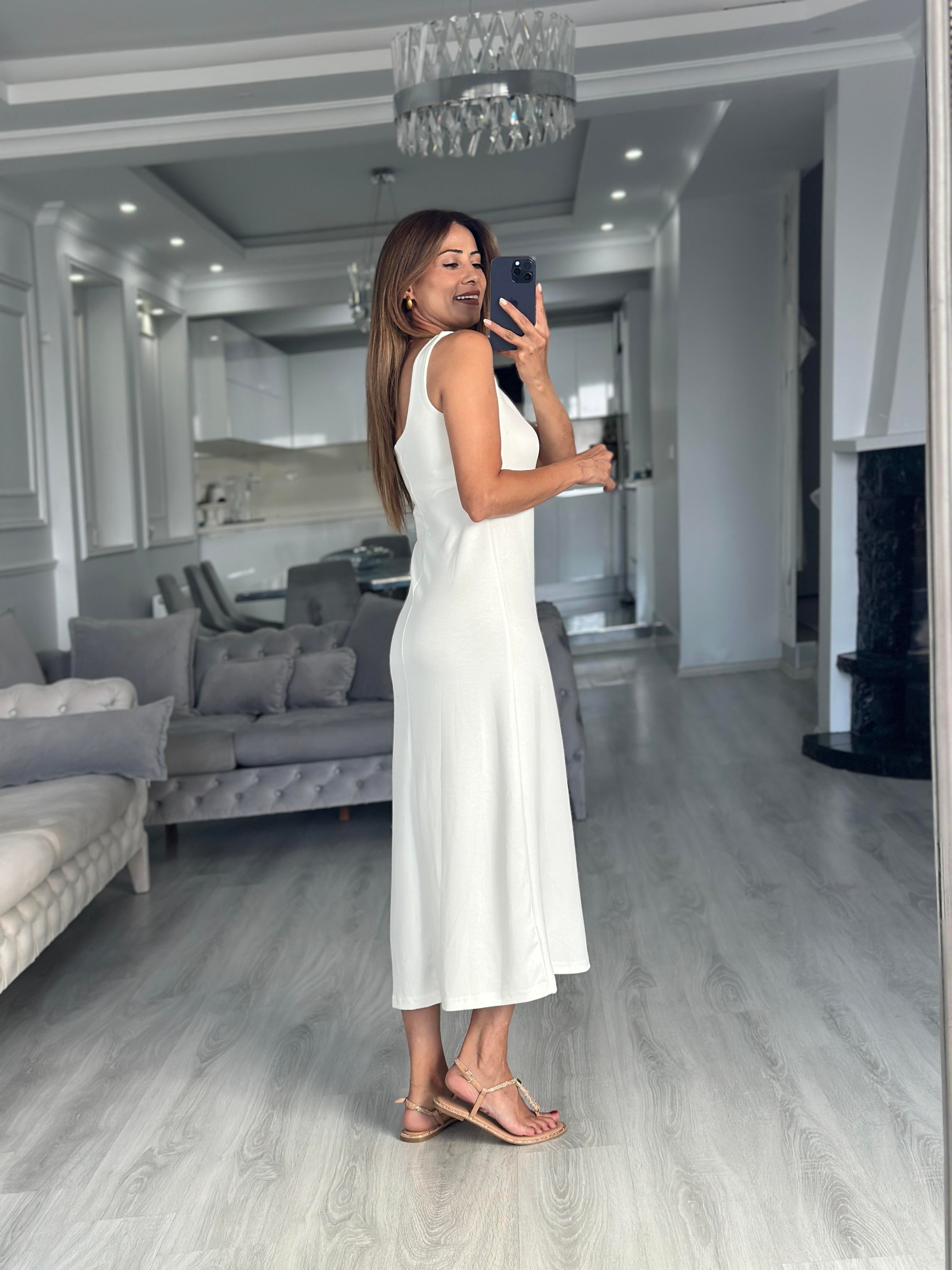 Beyaz Kare Yaka Düz Basic Midi Boy Kadın Elbise 