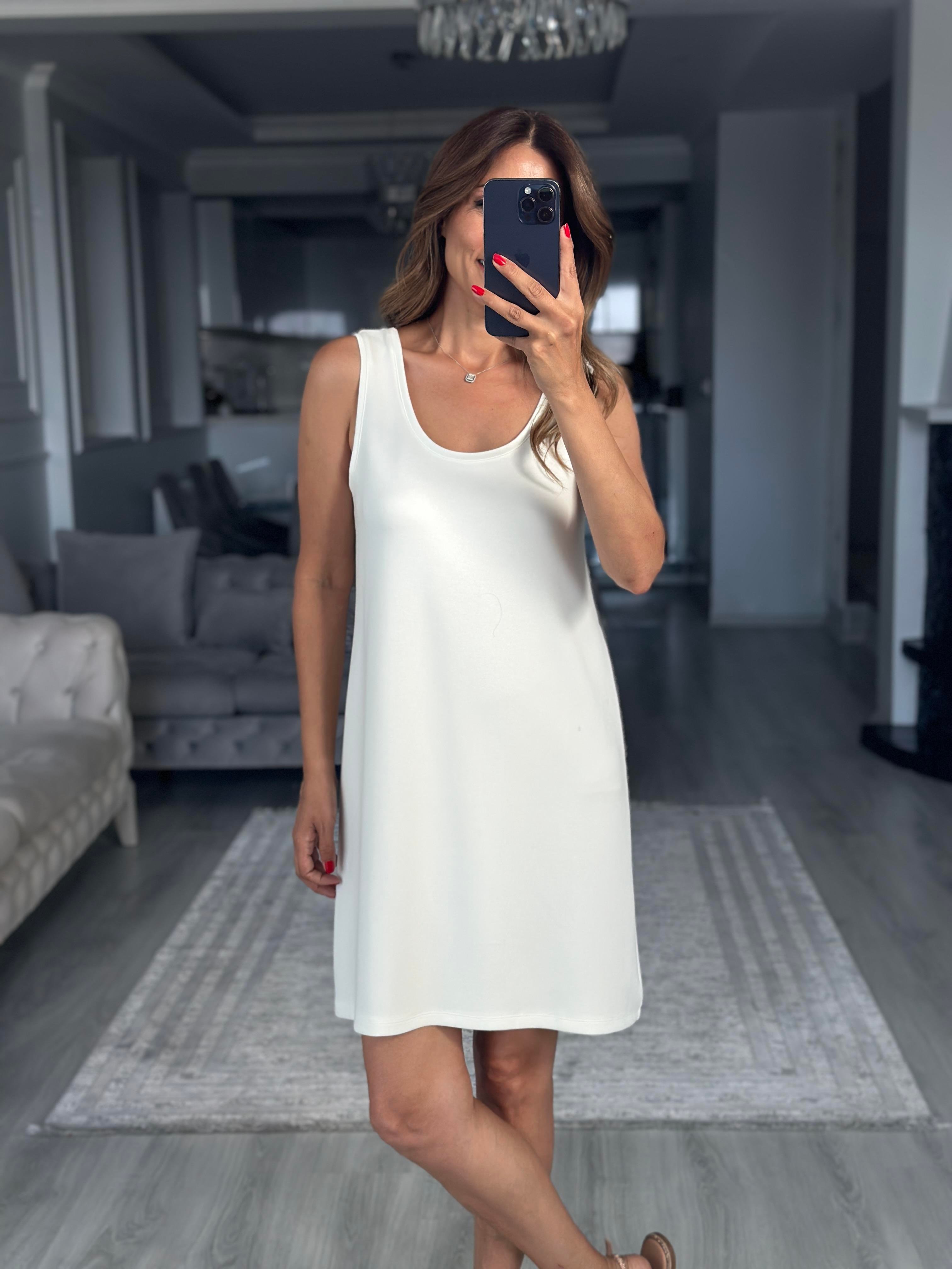 Beyaz Ön Arka U Yaka  Basic Mini Kadın Elbise