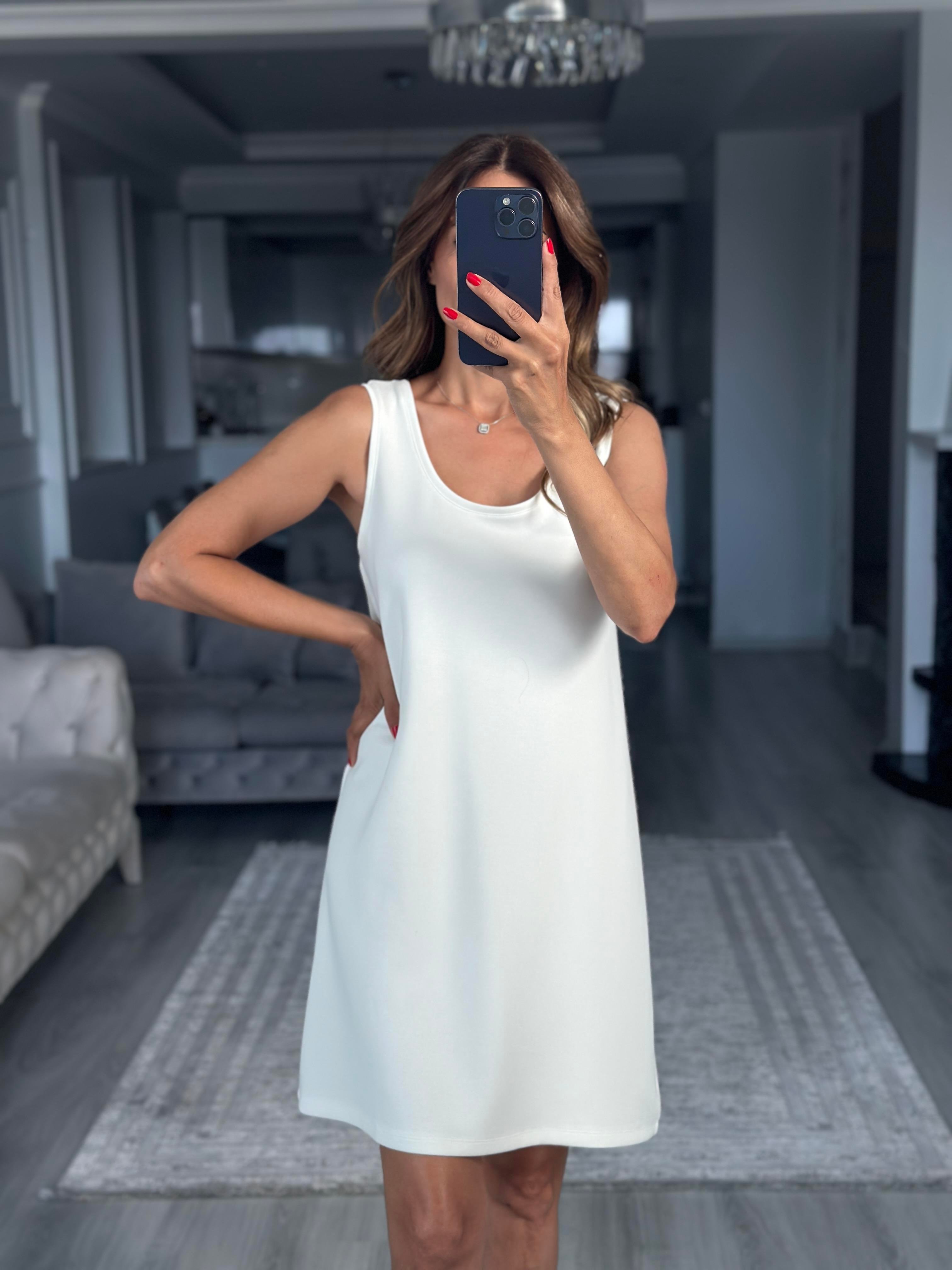 Beyaz Ön Arka U Yaka  Basic Mini Kadın Elbise