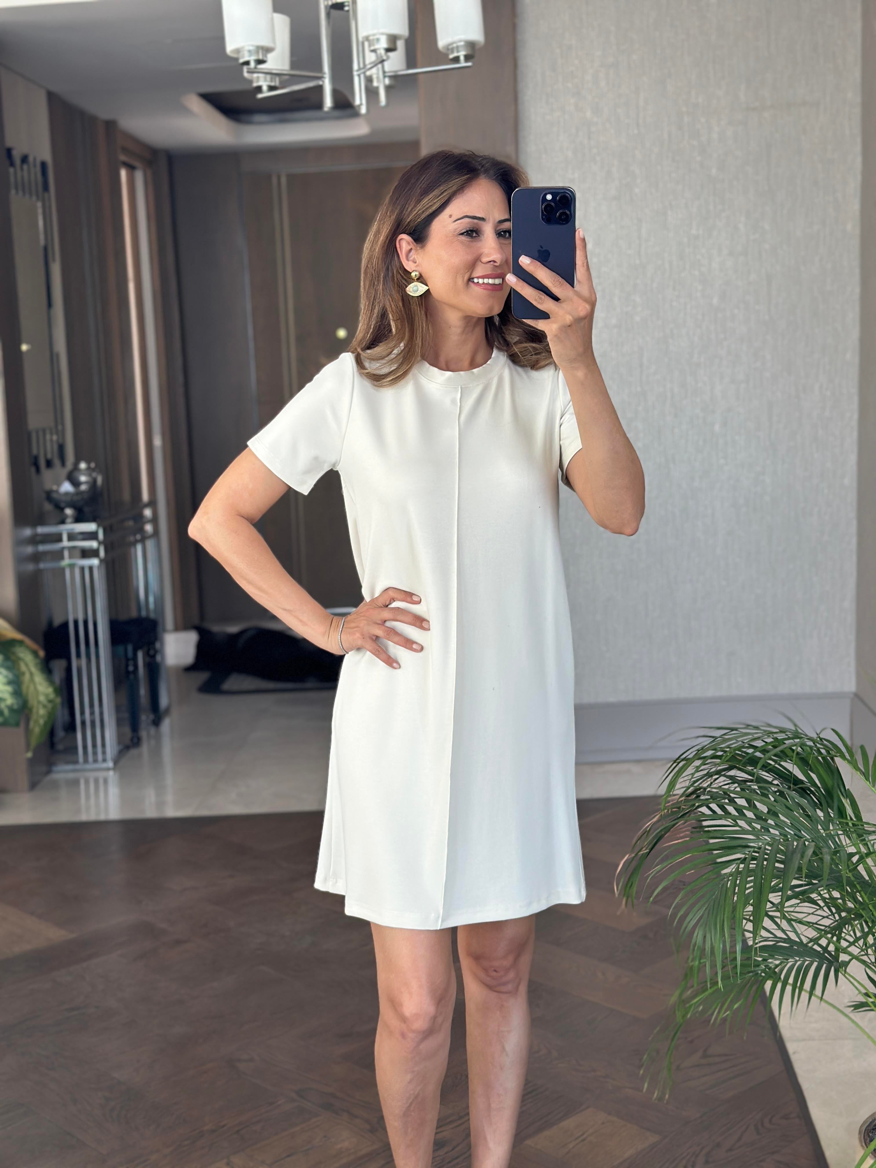 Beyaz Önü Dikişli Kısa Kol Modal Kadın Mini Elbise