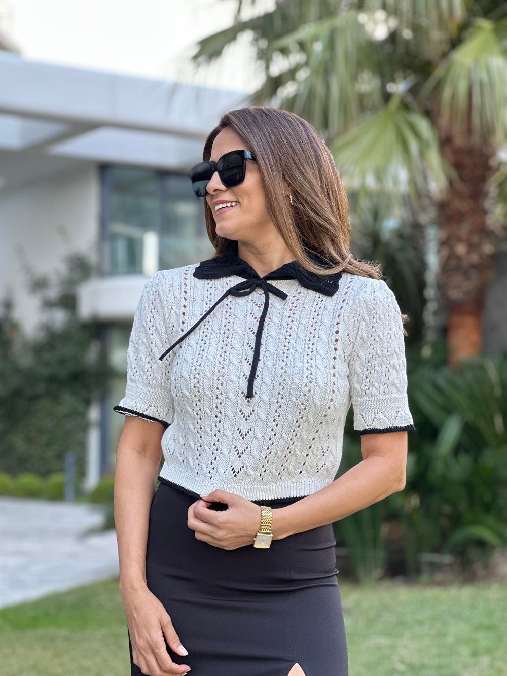 Beyaz Polo Yaka Kısa Kol İp Detay Triko Kadın Bluz