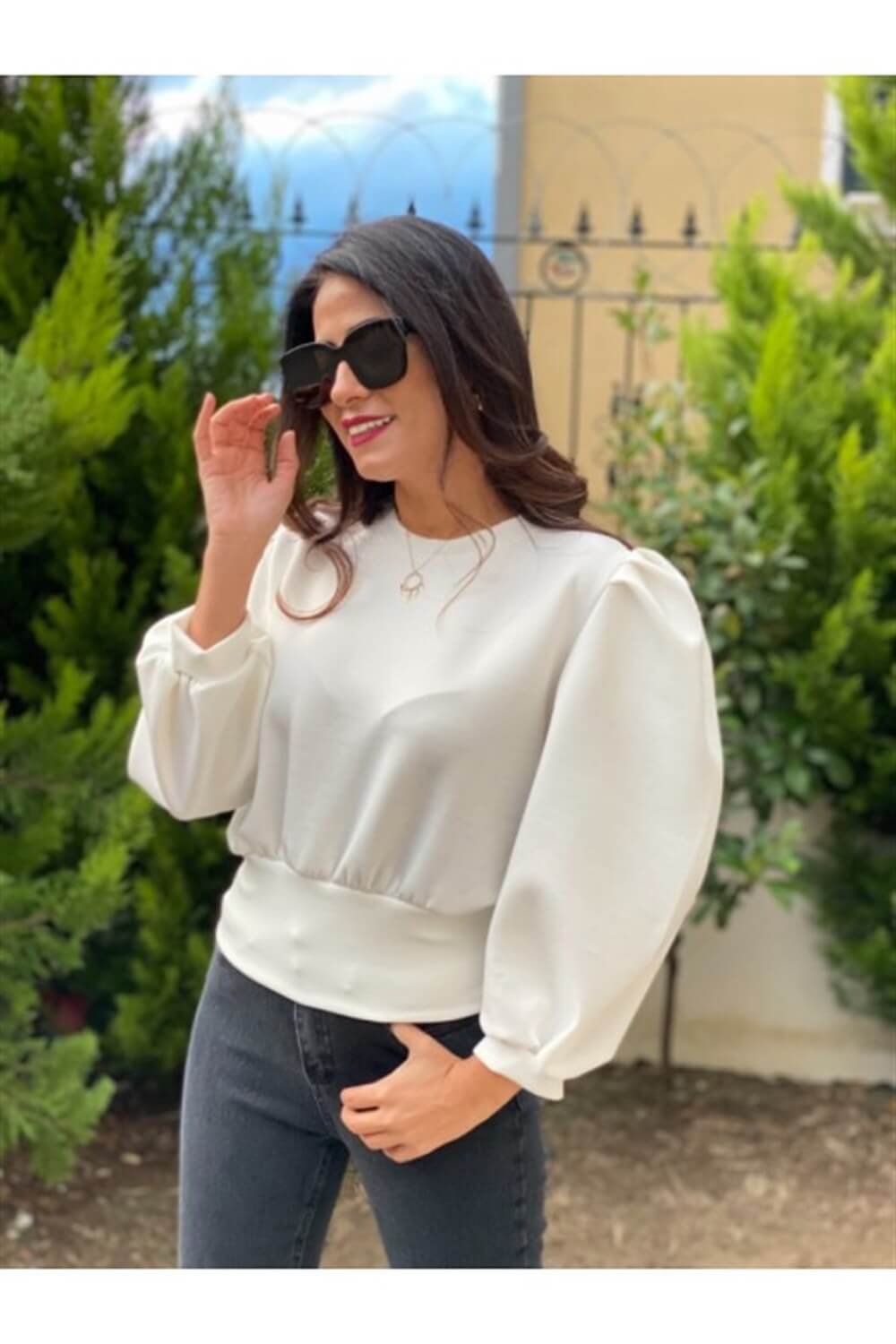 Beyaz Scuba Prenses Kol Sweatshirt