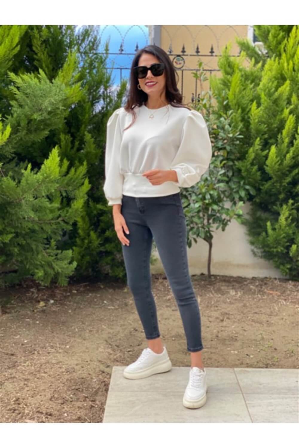 Beyaz Scuba Prenses Kol Sweatshirt