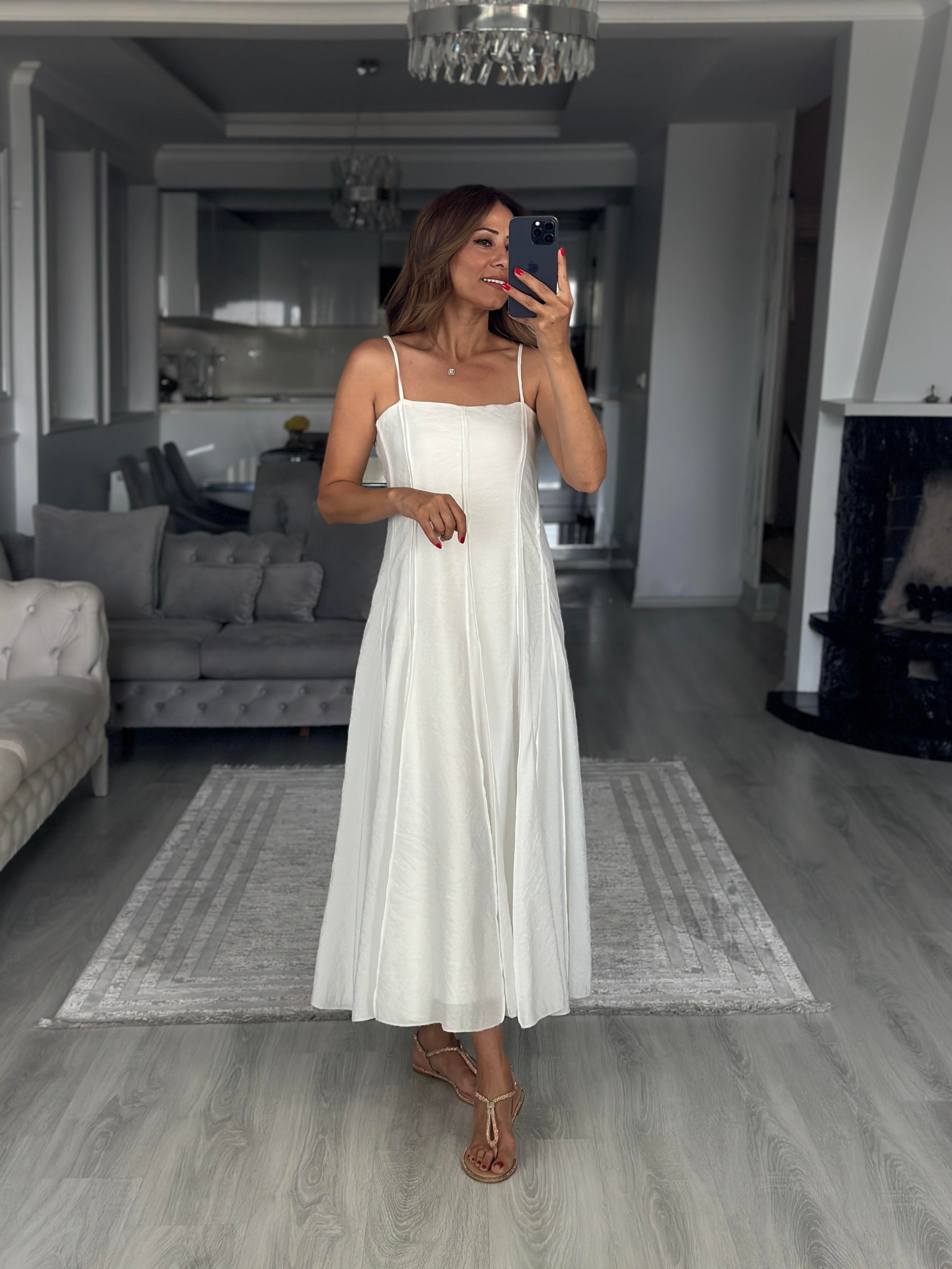 Beyaz Straplez Yaka İnce Askılı Midi Boy Kadın Elbise