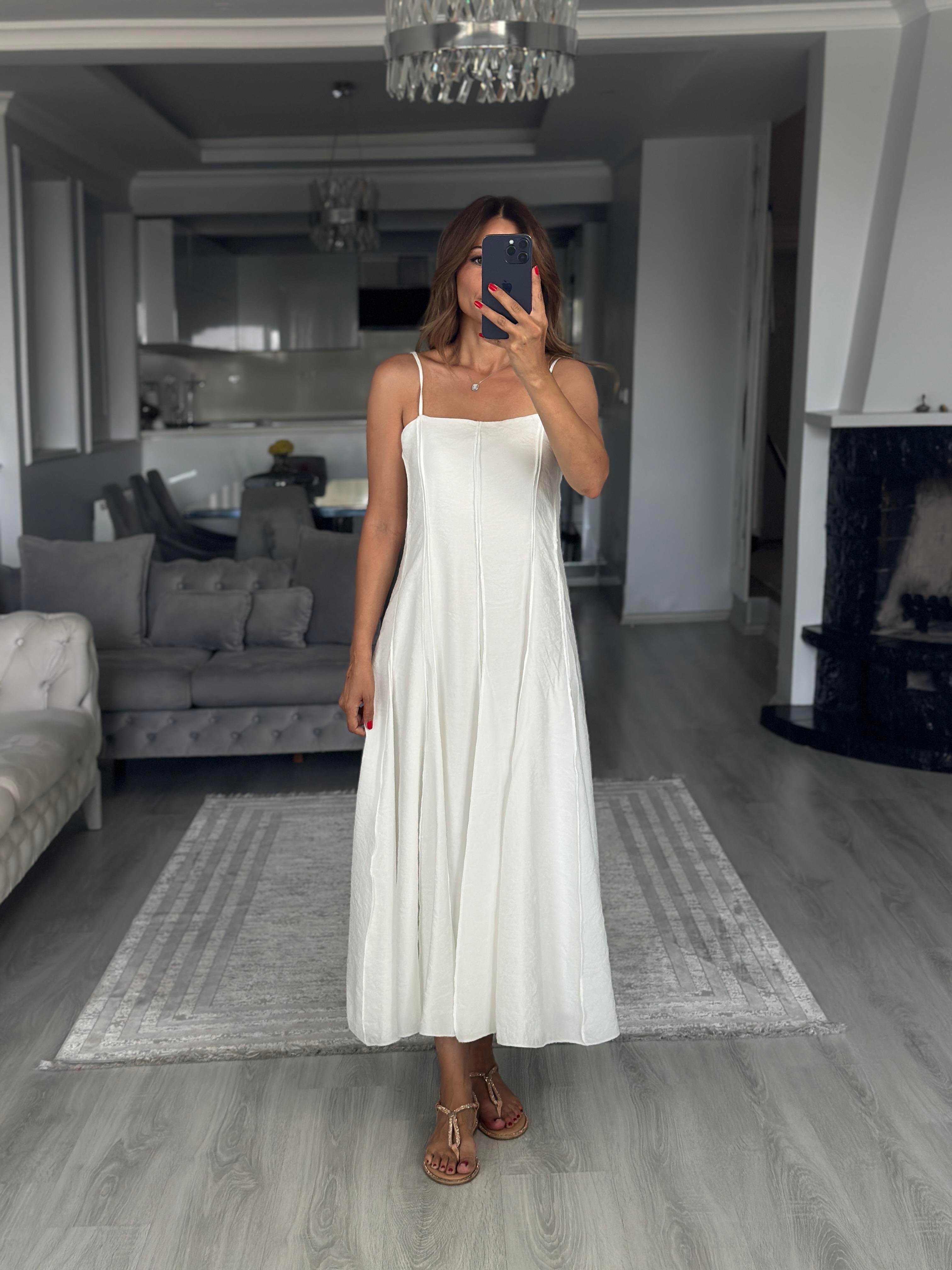 Beyaz Straplez Yaka İnce Askılı Midi Boy Kadın Elbise