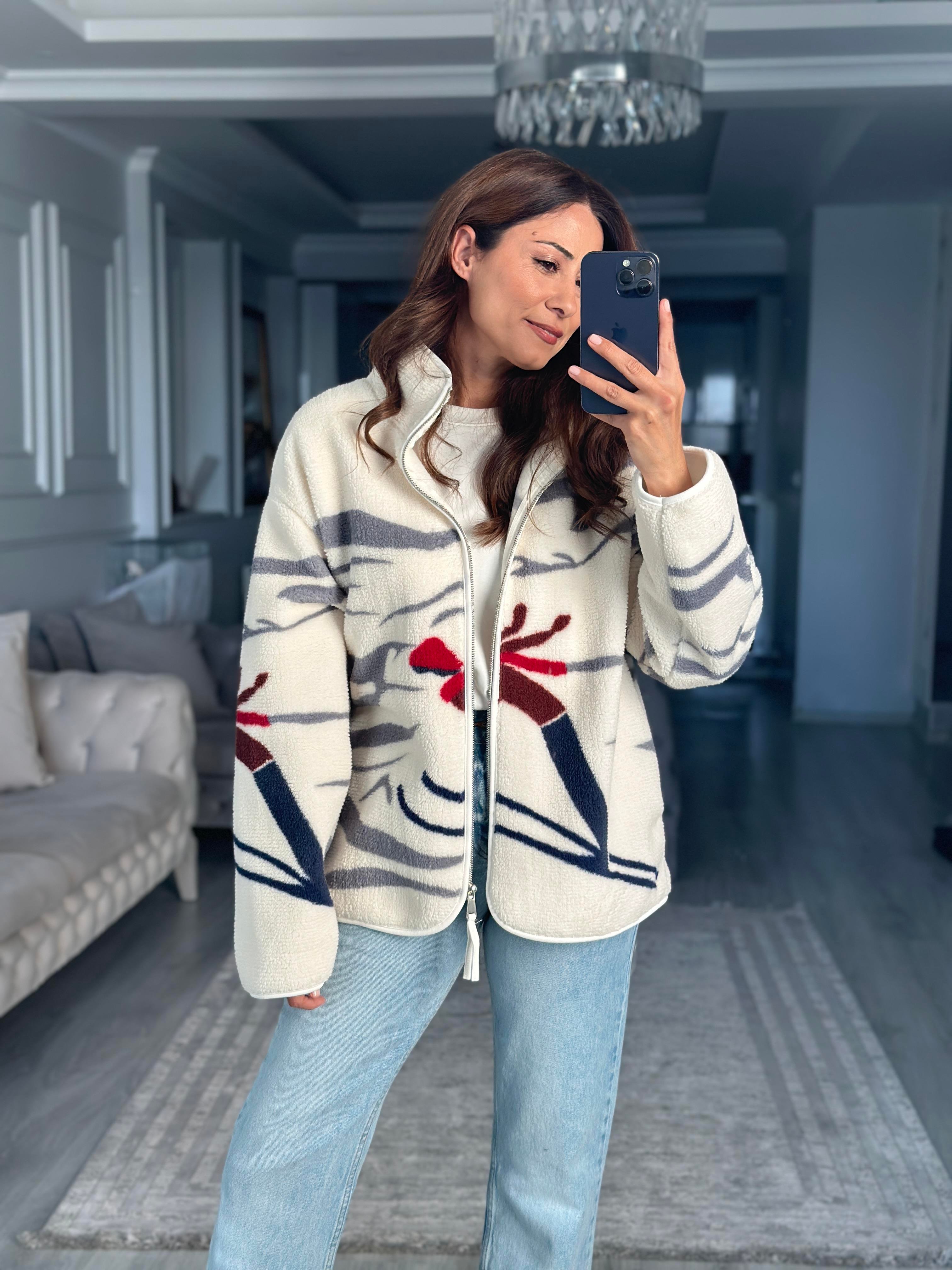 Beyaz Tam Fermuarlı Kayak Desenli  Peluş Kadın Sweatshirt