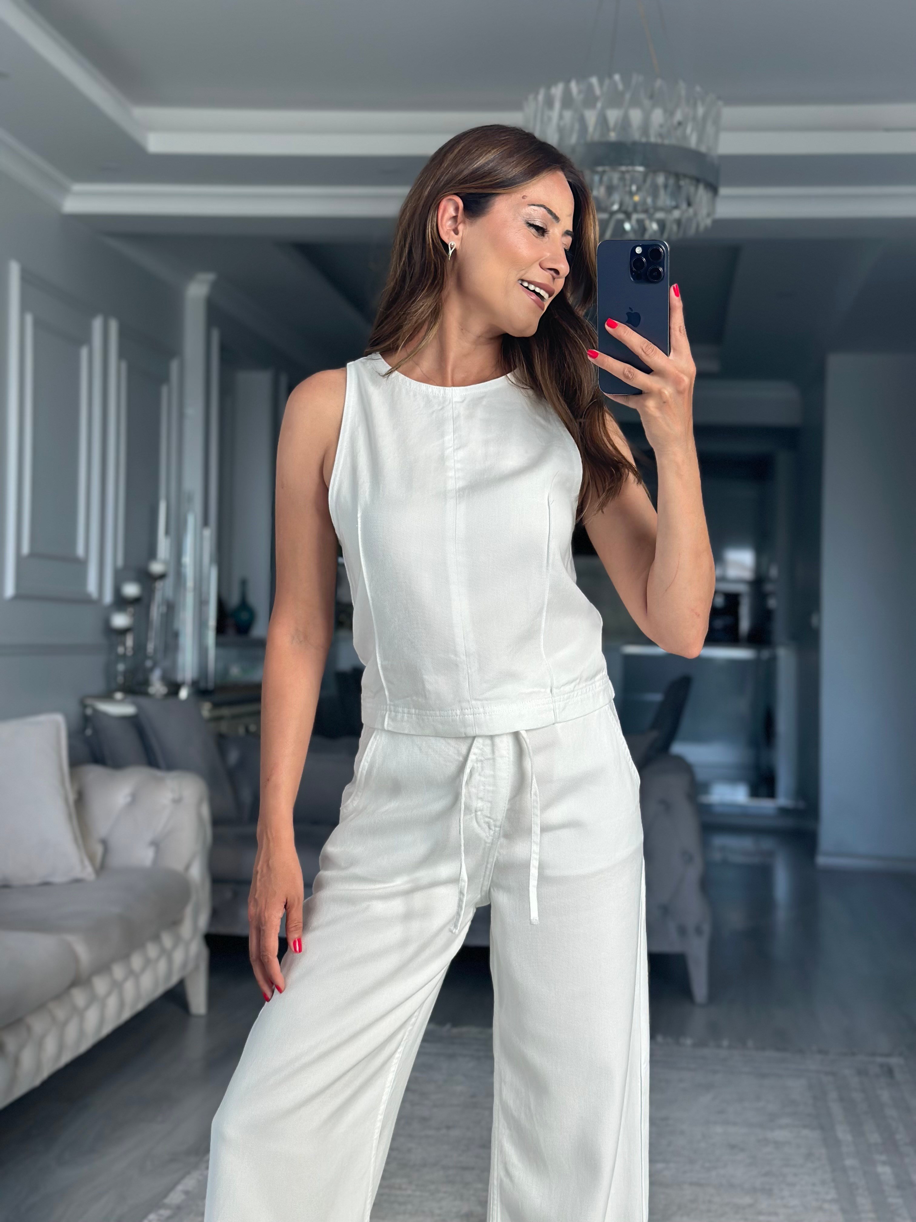 Beyaz Tensel Denim Kolsuz Bluz Pantolon Kadın İkili Takım