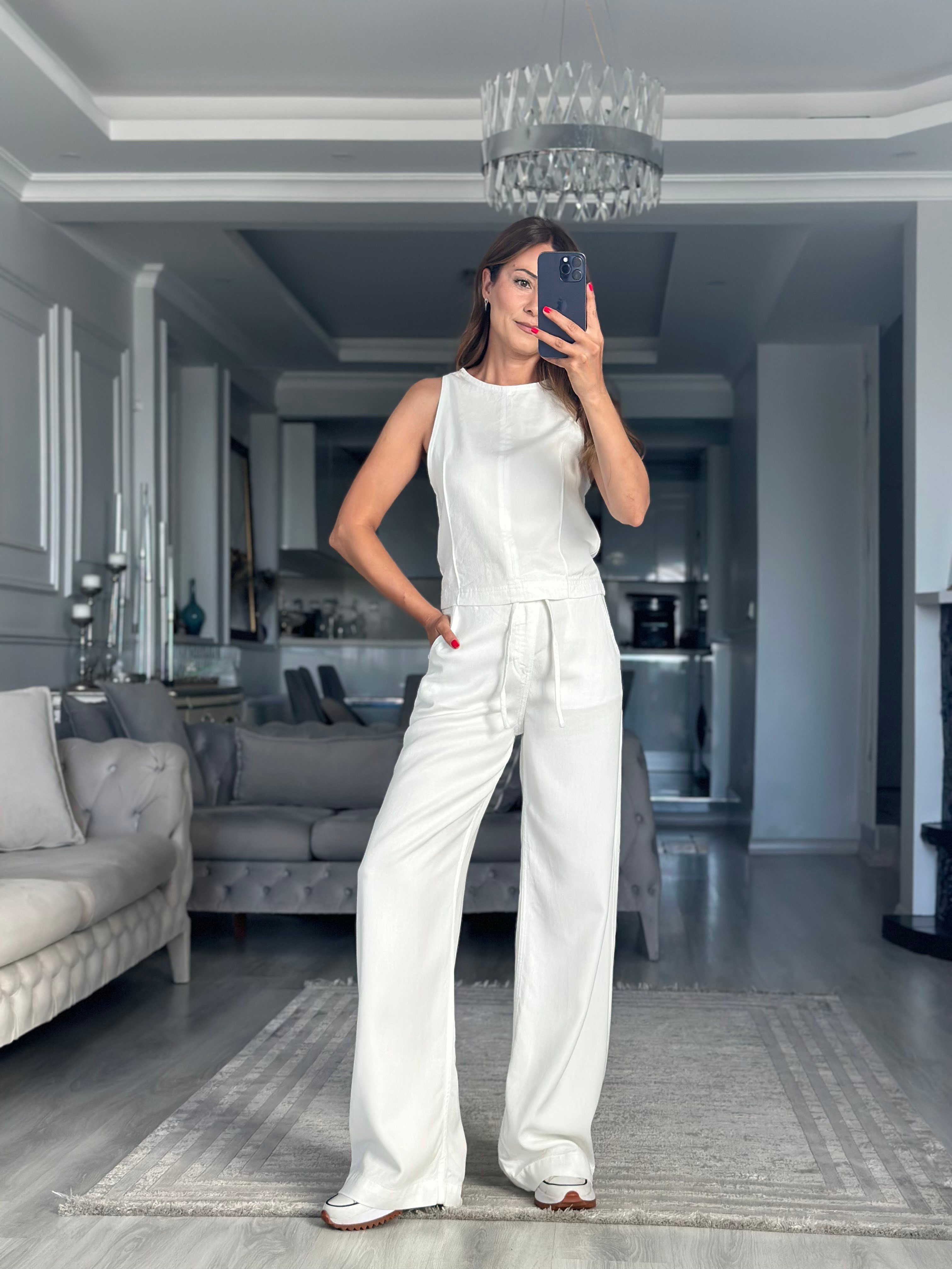 Beyaz Tensel Denim Kolsuz Bluz Pantolon Kadın İkili Takım