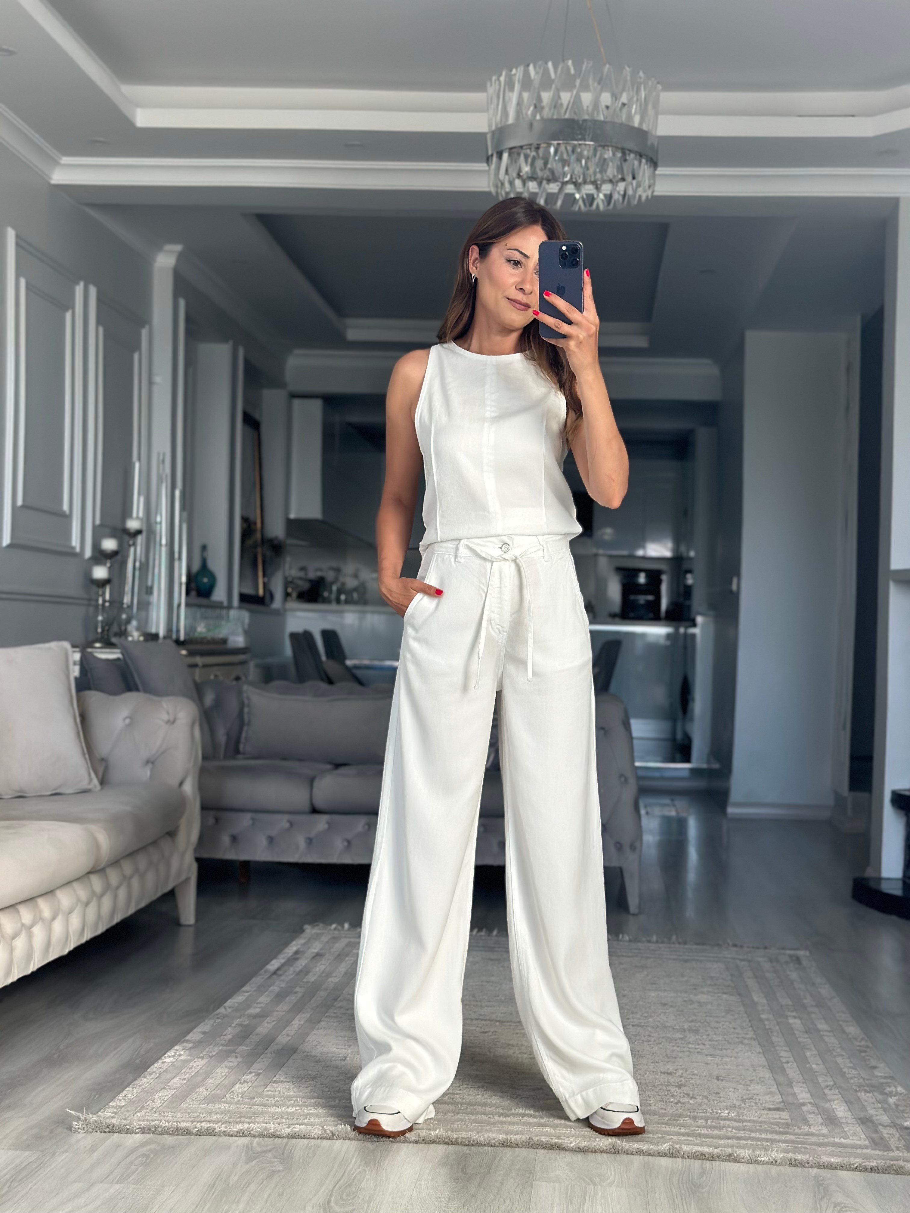 Beyaz Tensel Denim Kolsuz Bluz Pantolon Kadın İkili Takım