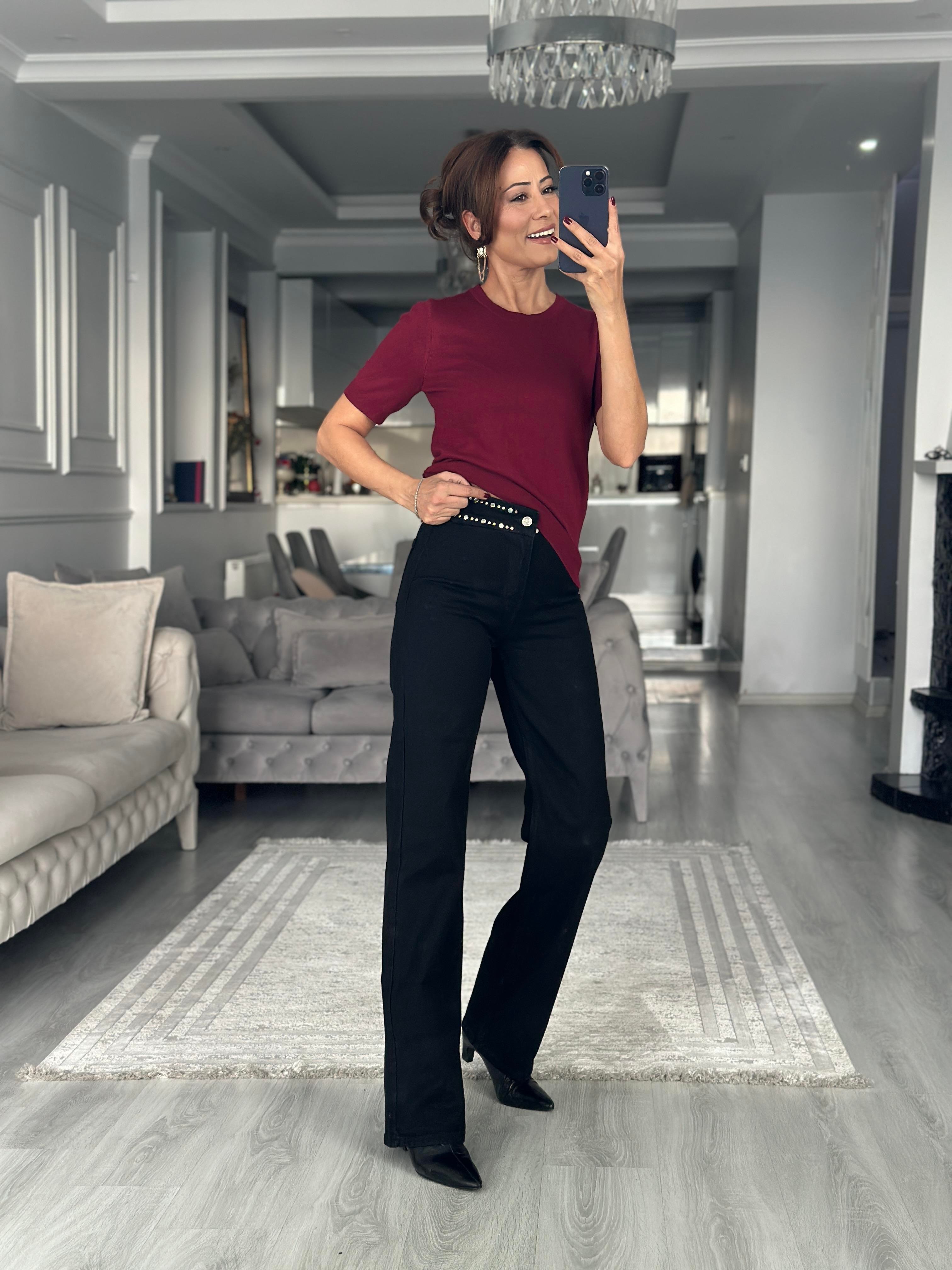 Bordo Bisiklet Yaka  Kısa Kol Basic Kadın Triko Bluz