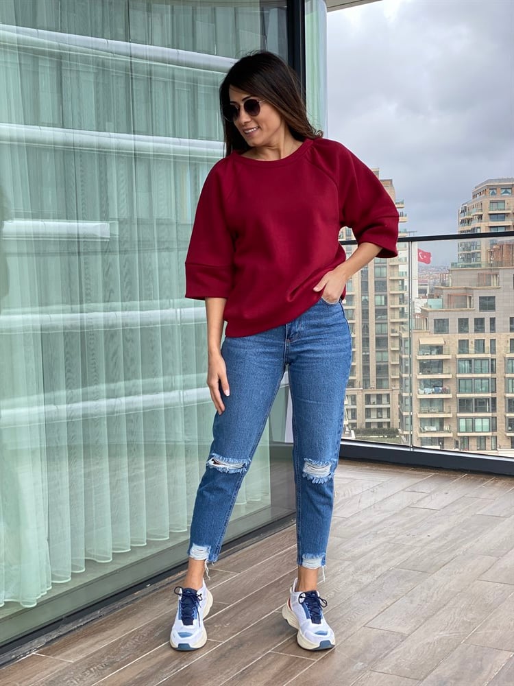 Bordo Bisiklet Yaka Kısa Kol Sweatshirt