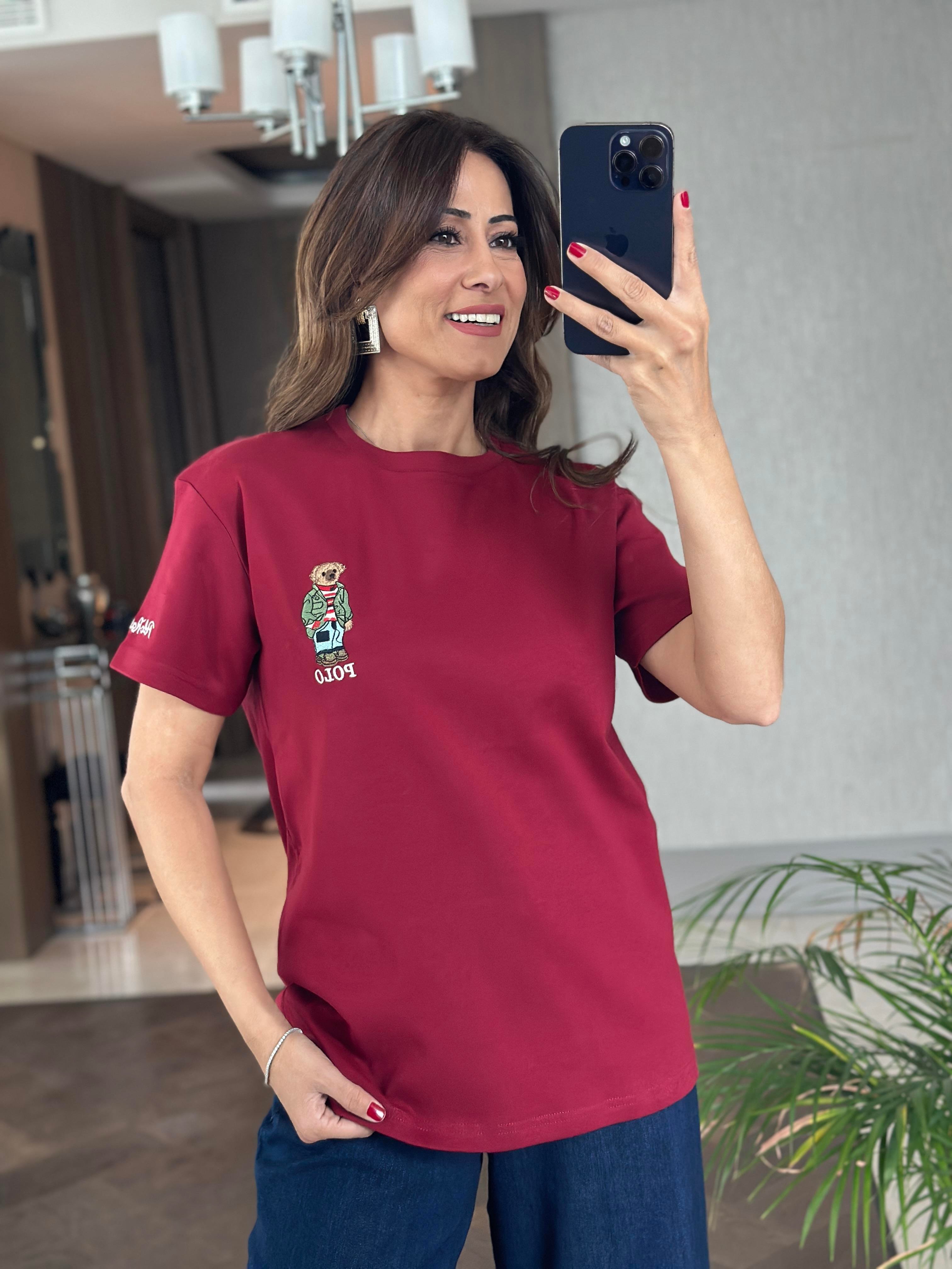 Bordo Bisiklet Yaka Kol Ucu Yazı Nakışlı  Ayıcık RL Kadın T-Shirt 