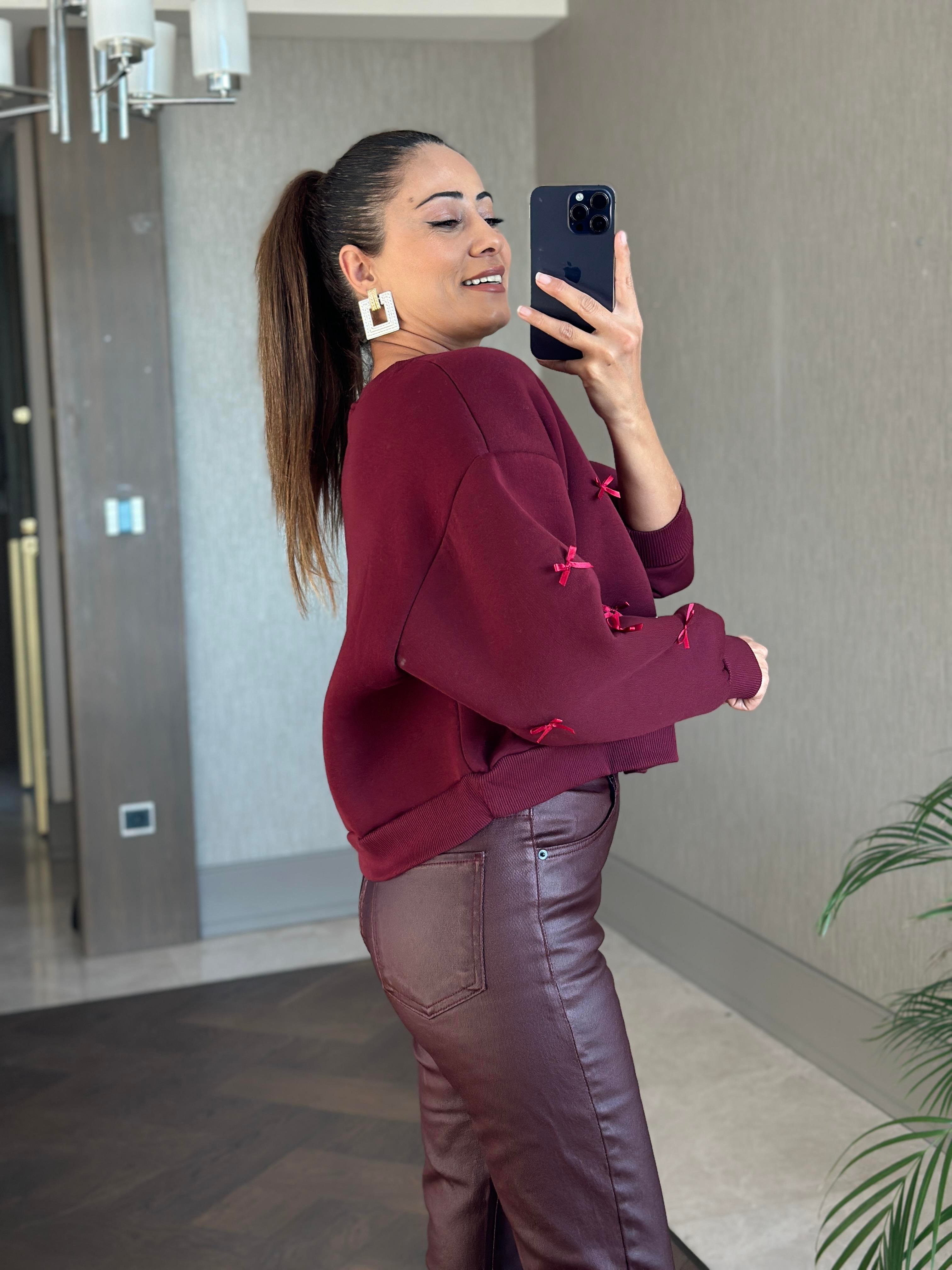 Bordo Bisiklet Yaka Kurdele Detaylı Şardonlu Kadın Sweatshirt