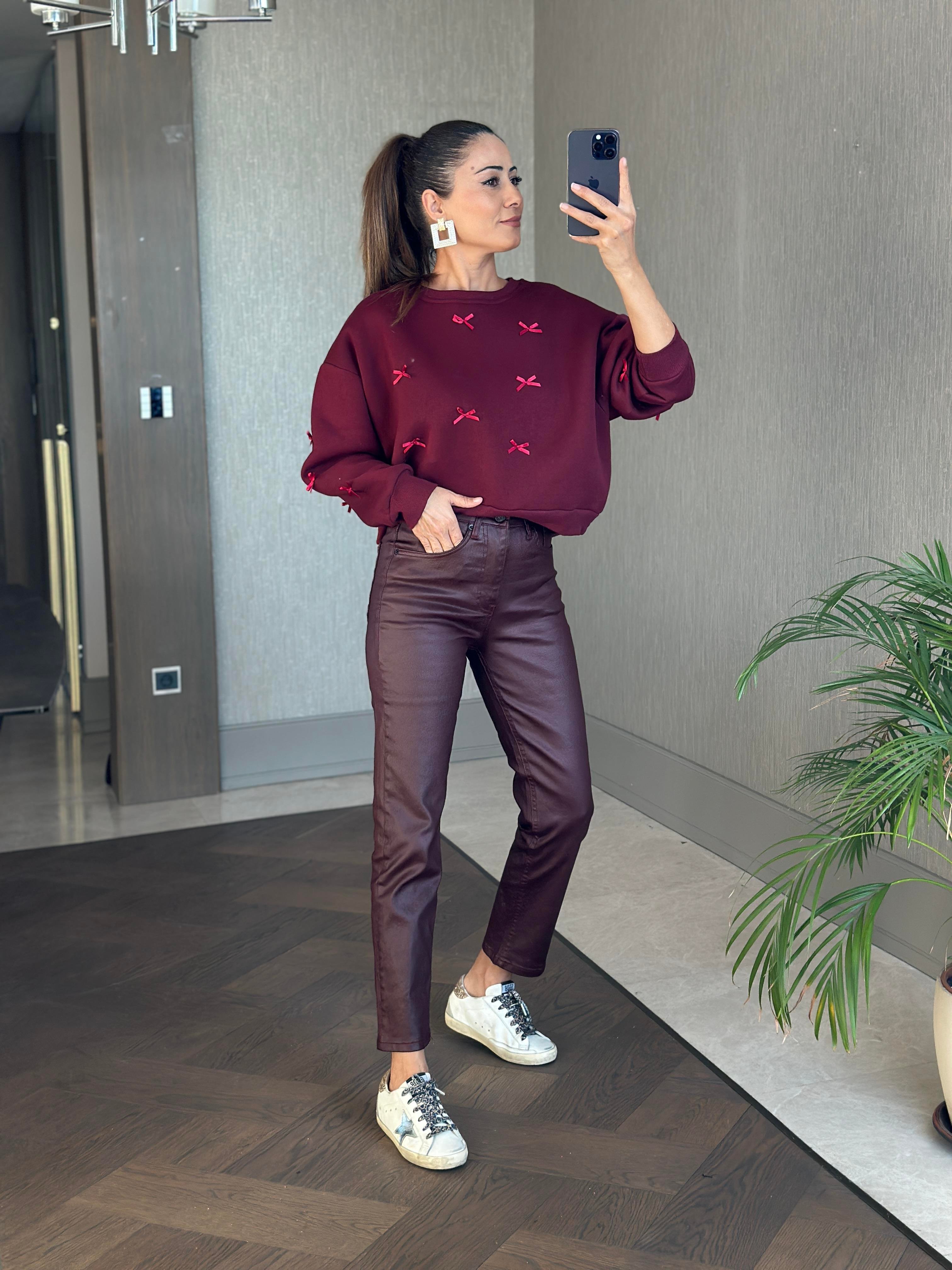 Bordo Bisiklet Yaka Kurdele Detaylı Şardonlu Kadın Sweatshirt