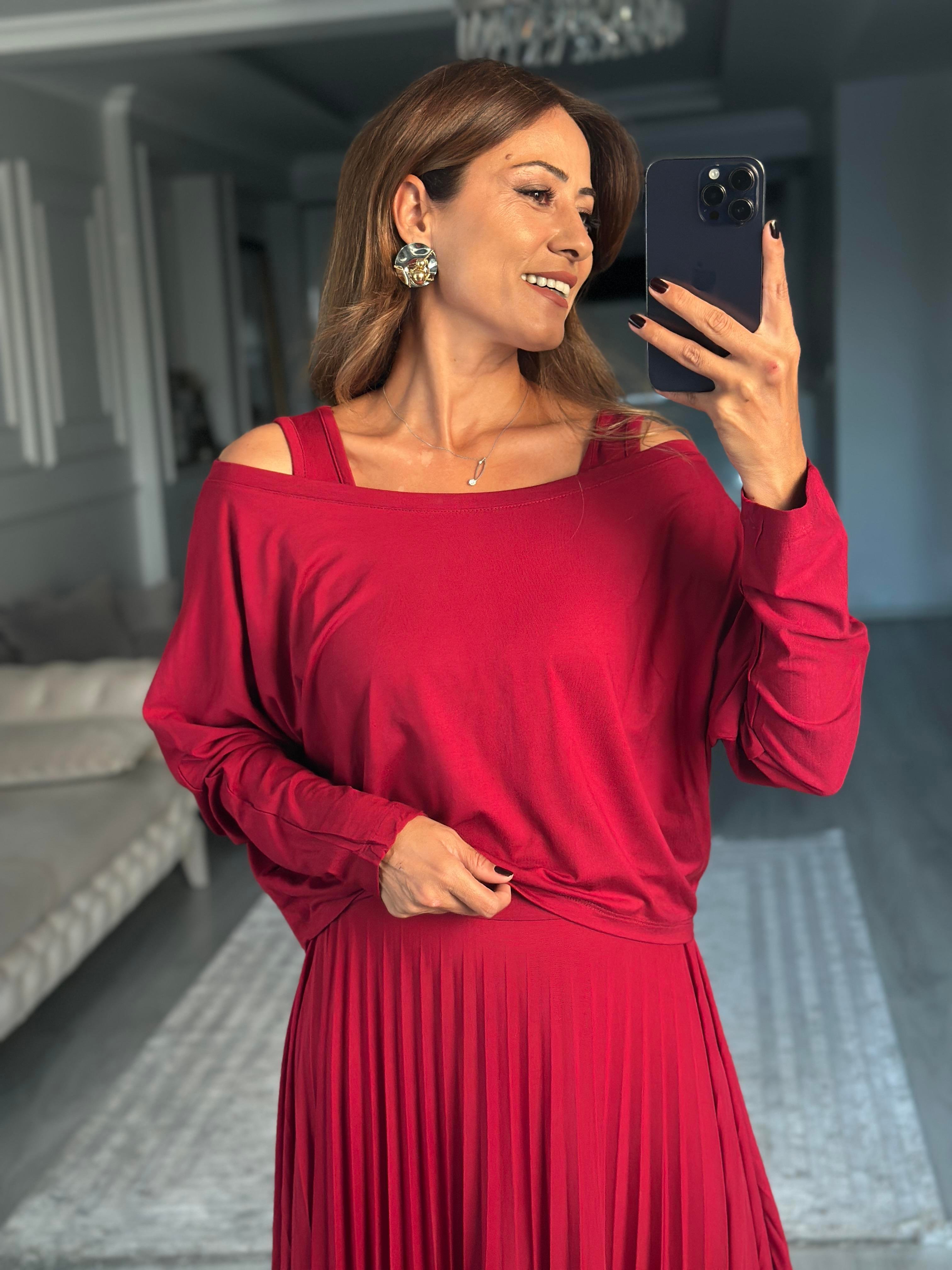 Bordo Bluzlu Pliseli Midi Boy Kadın İkili Elbise