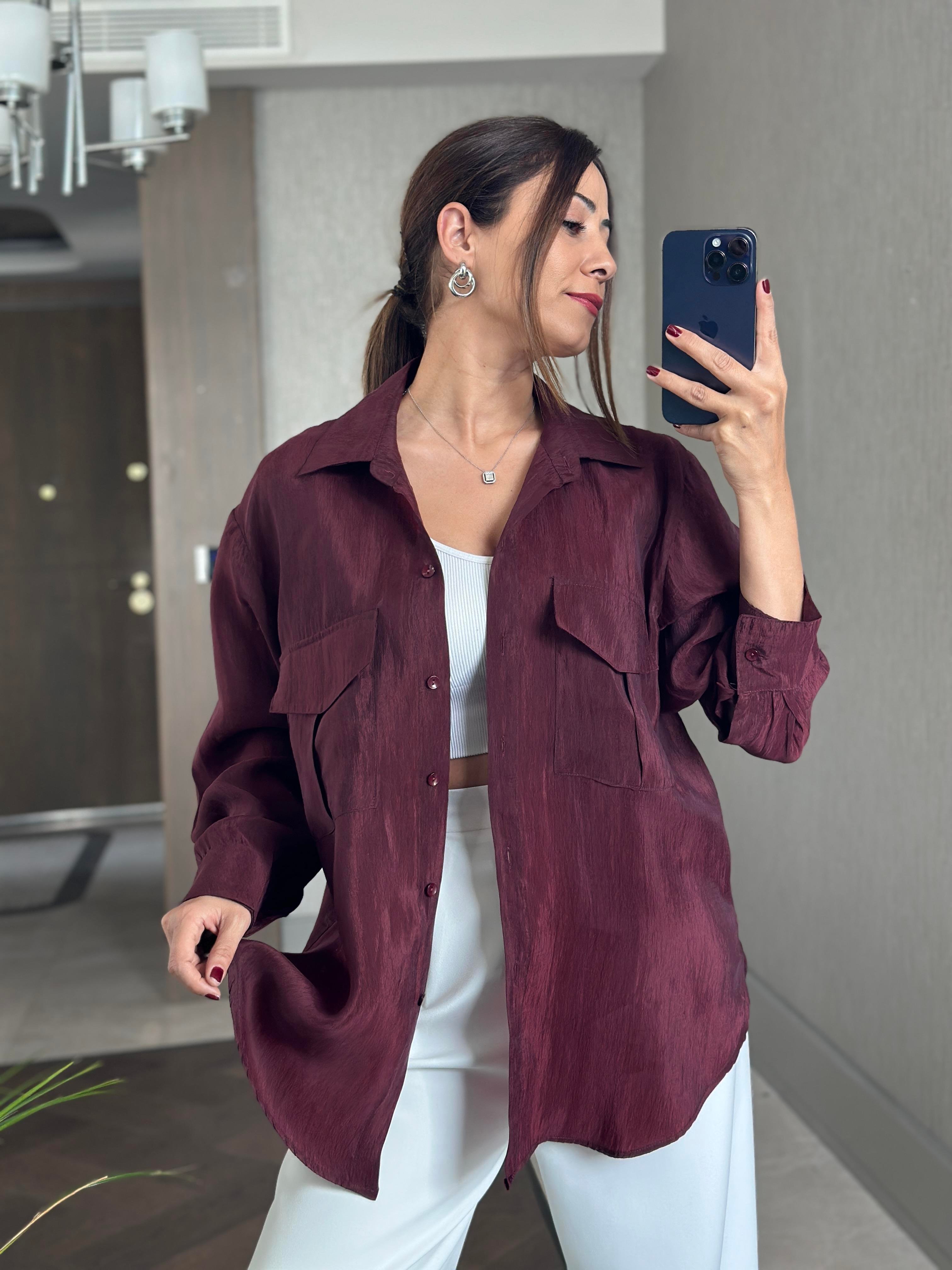 Bordo Cepleri Kapaklı Uzun Kol Kadın Saten Gömlek