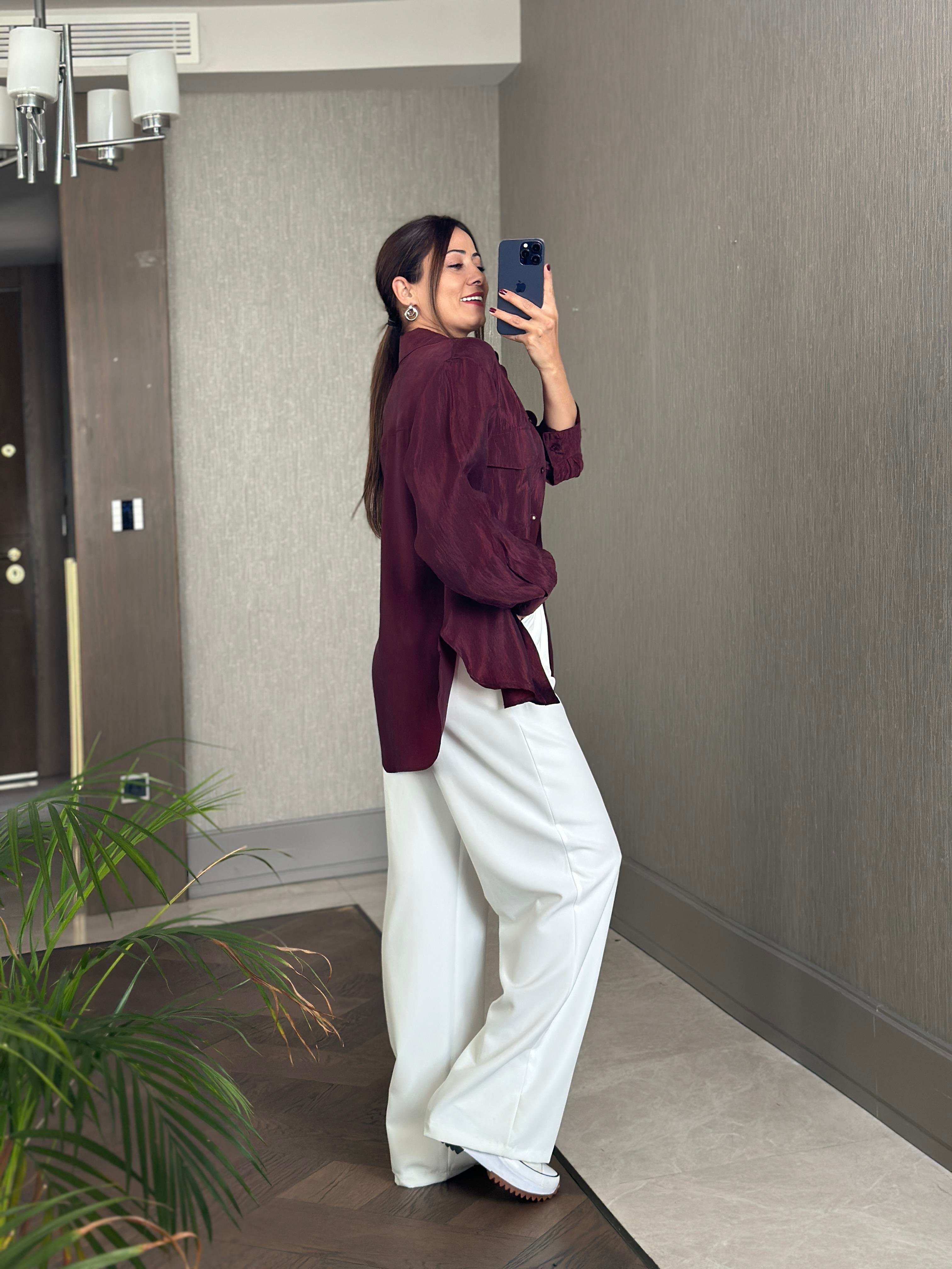 Bordo Cepleri Kapaklı Uzun Kol Kadın Saten Gömlek