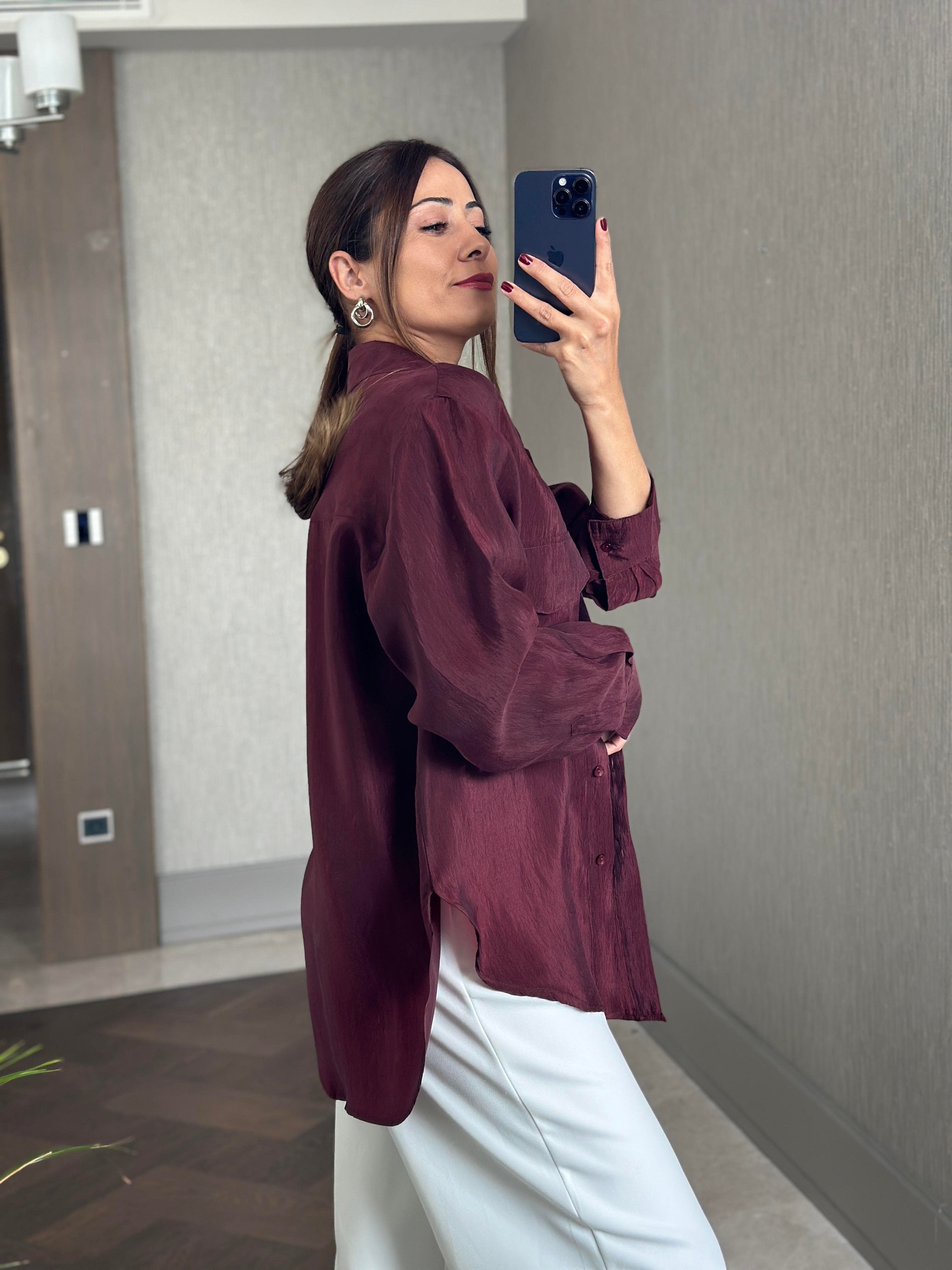 Bordo Cepleri Kapaklı Uzun Kol Kadın Saten Gömlek