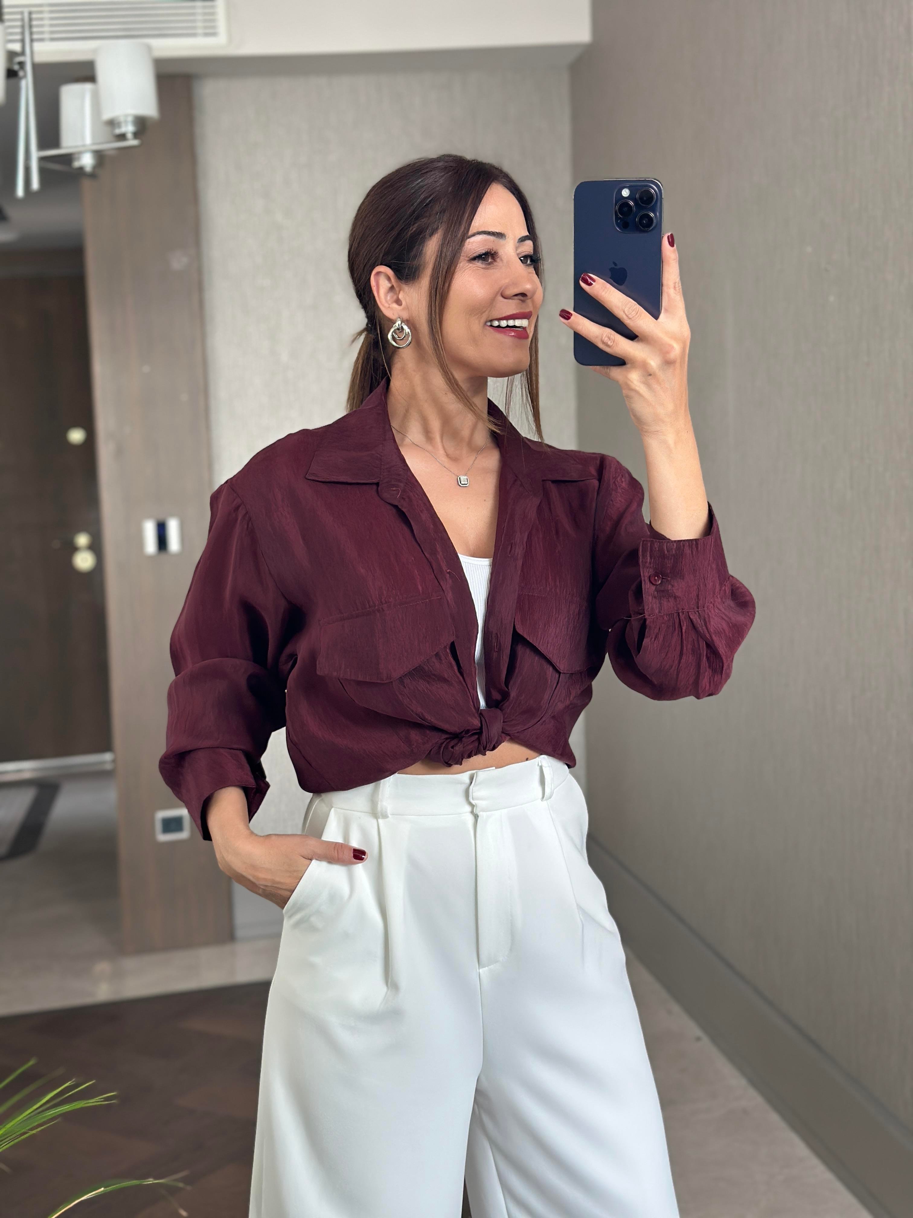 Bordo Cepleri Kapaklı Uzun Kol Kadın Saten Gömlek