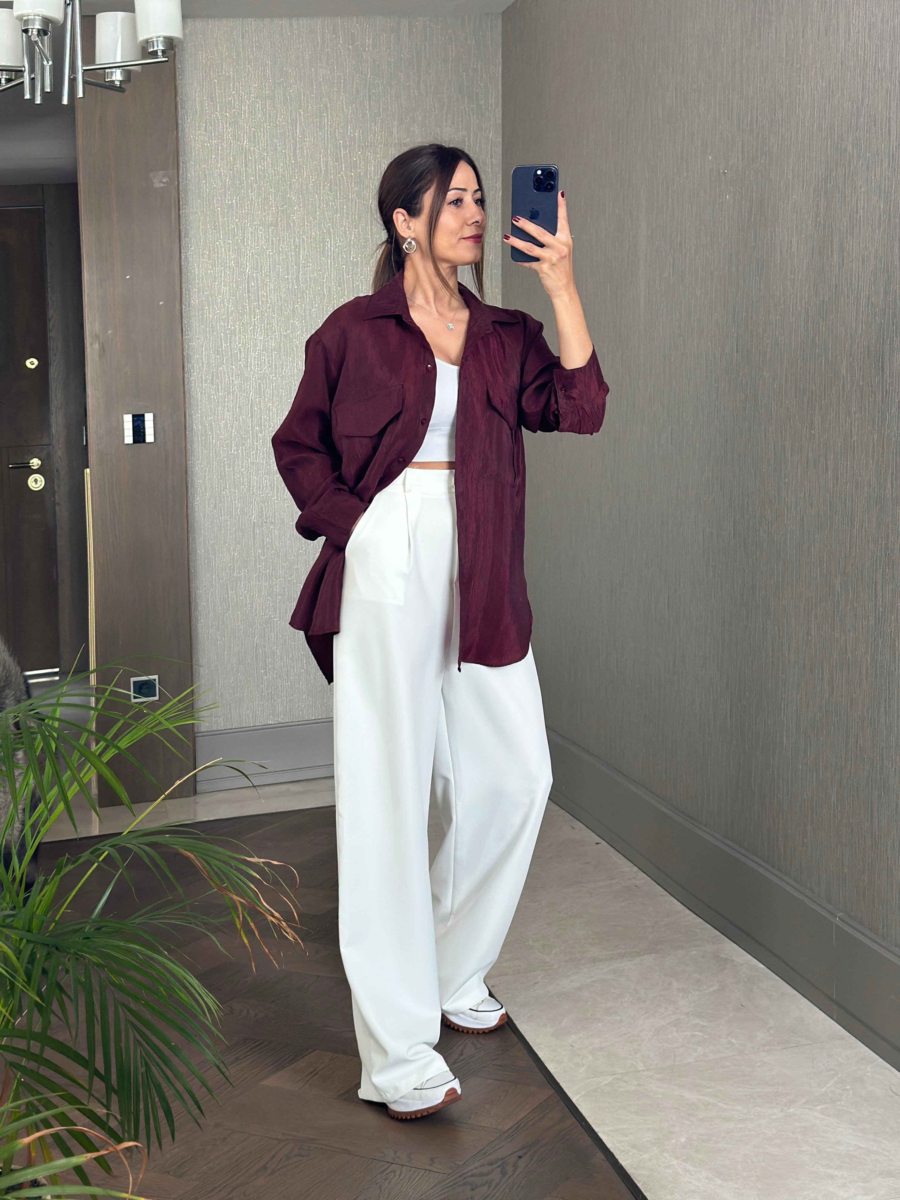 Bordo Cepleri Kapaklı Uzun Kol Kadın Saten Gömlek