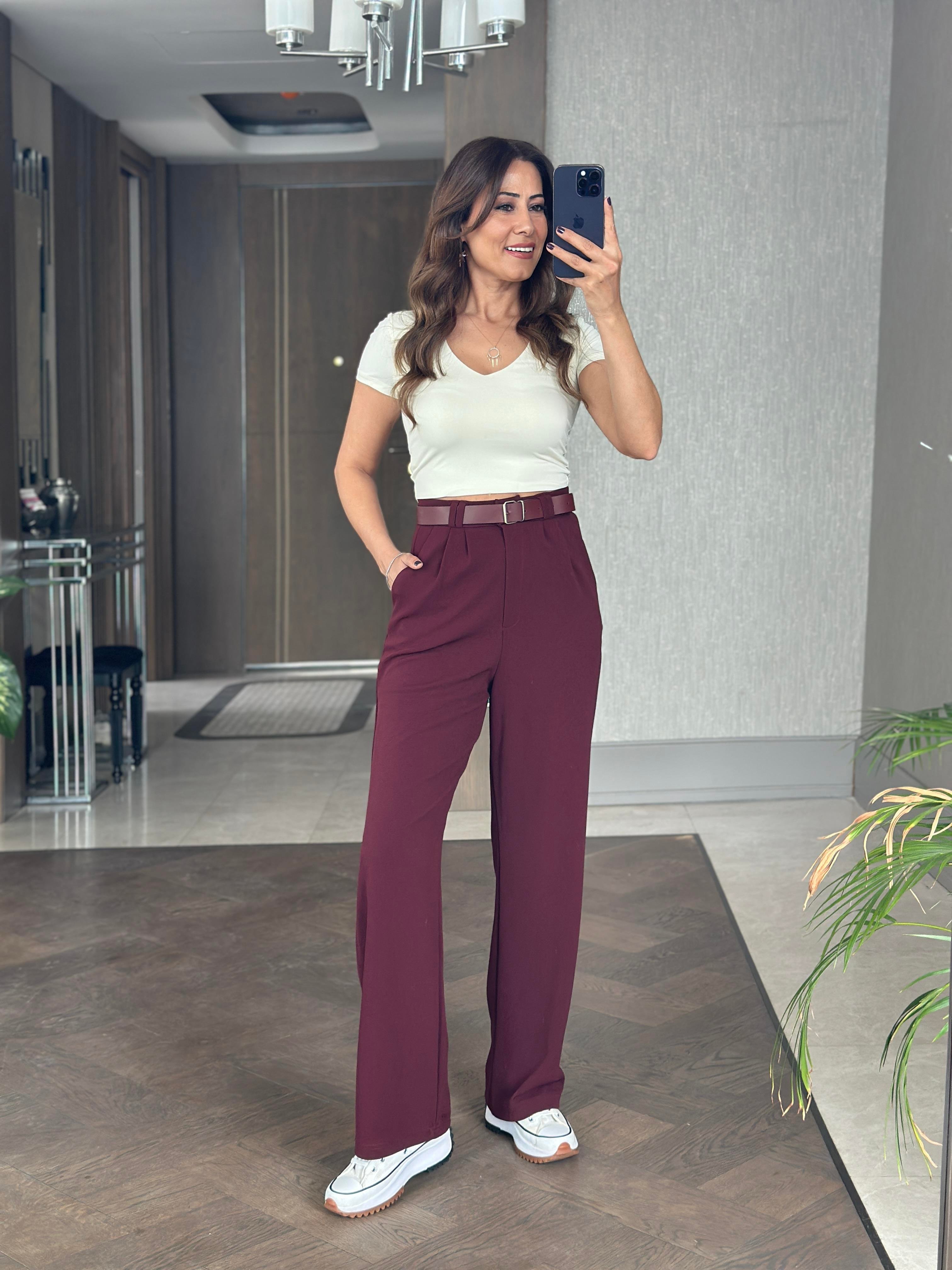 Bordo Çift Pileli Kemerli Likralı Krep Kadın Pantolon