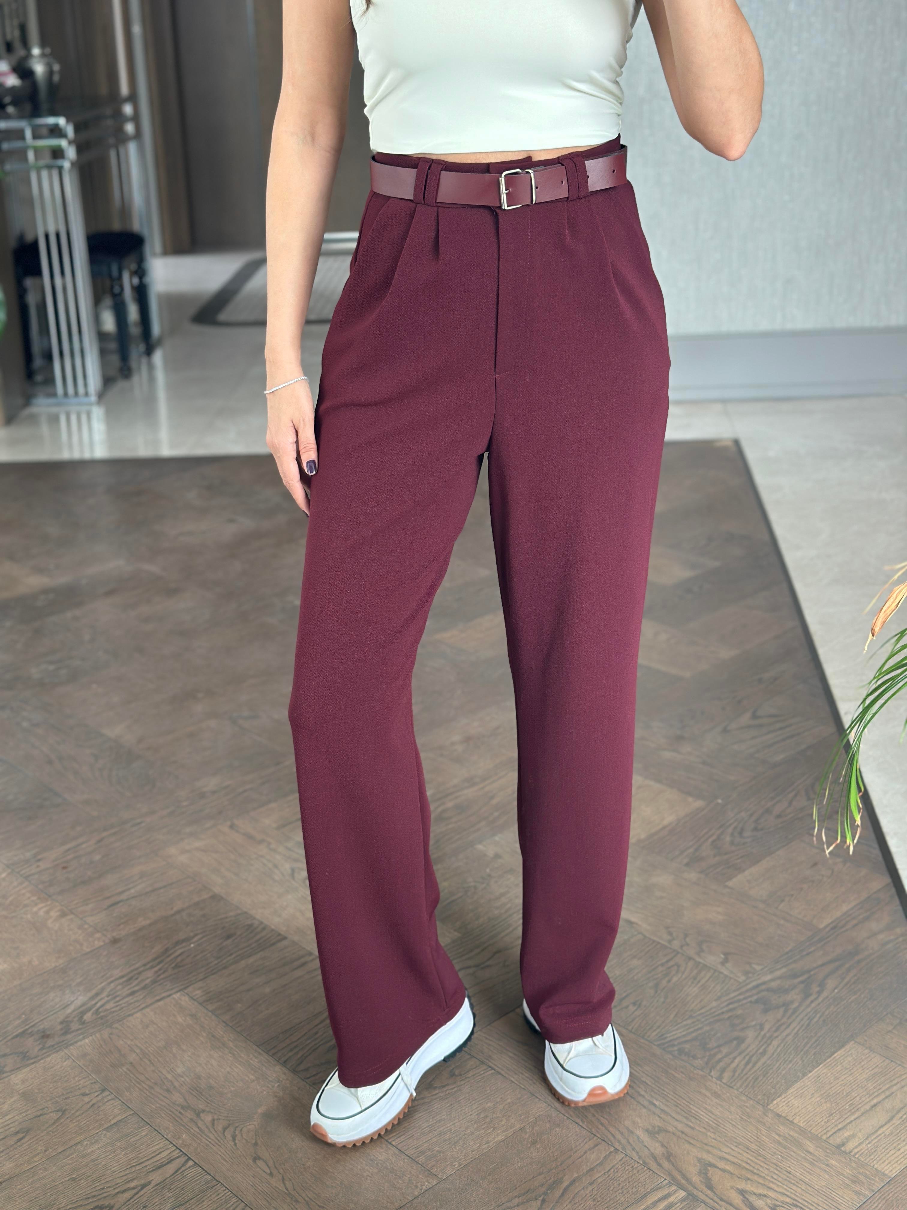 Bordo Çift Pileli Kemerli Likralı Krep Kadın Pantolon