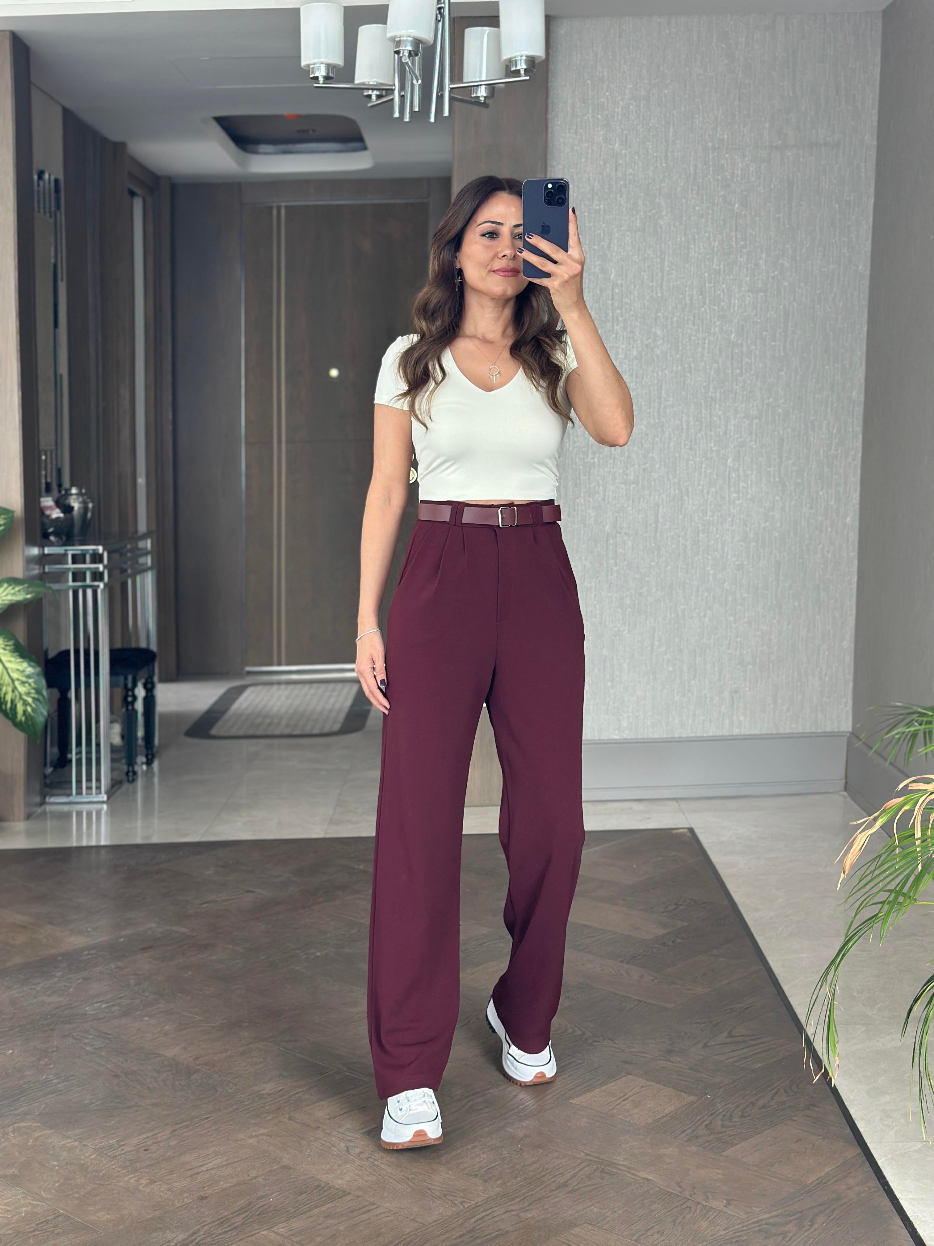 Bordo Çift Pileli Kemerli Likralı Krep Kadın Pantolon