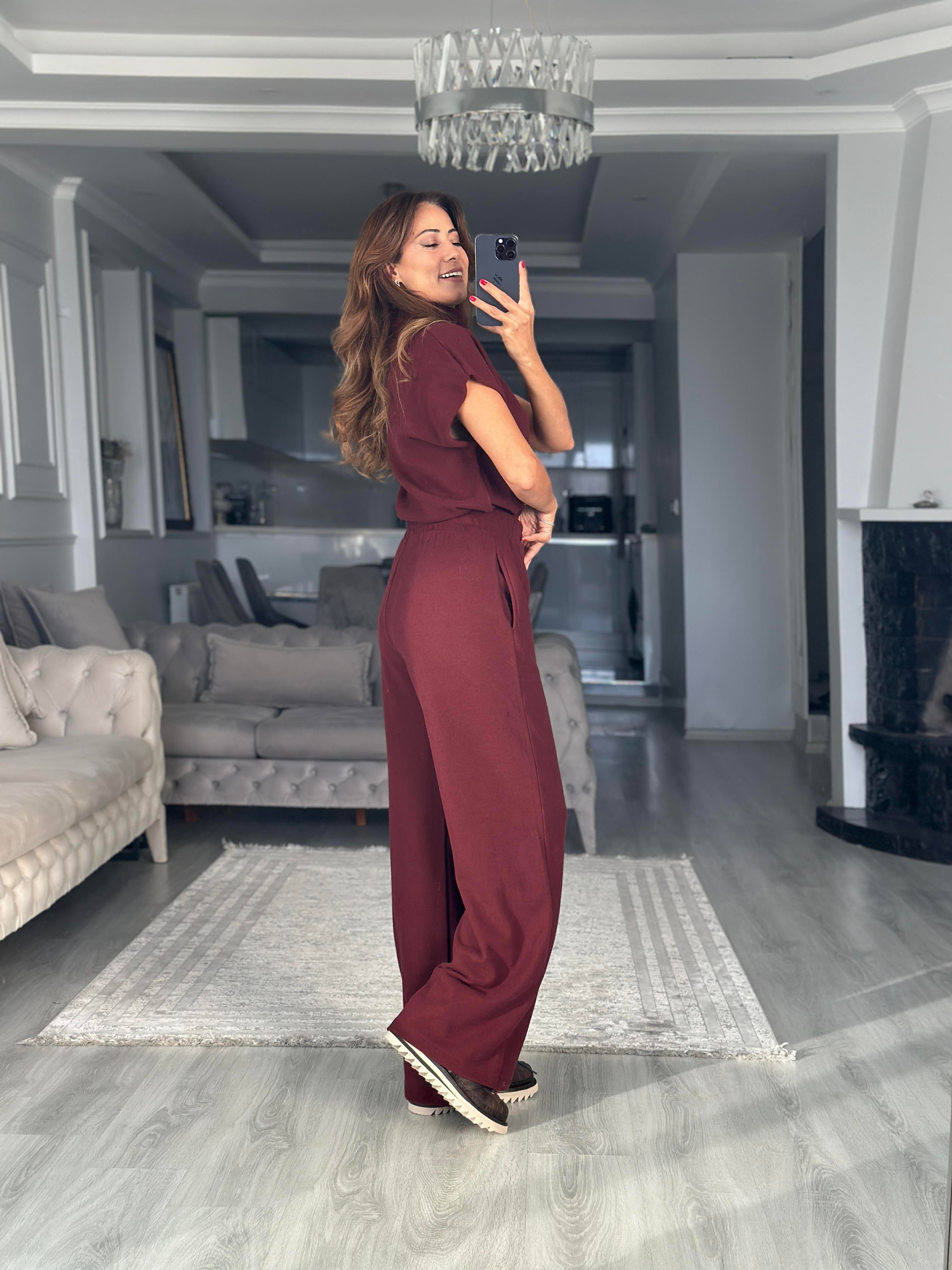 Bordo Dik Yaka Kolsuz Bluz Pantolon Kadın İkili Takım