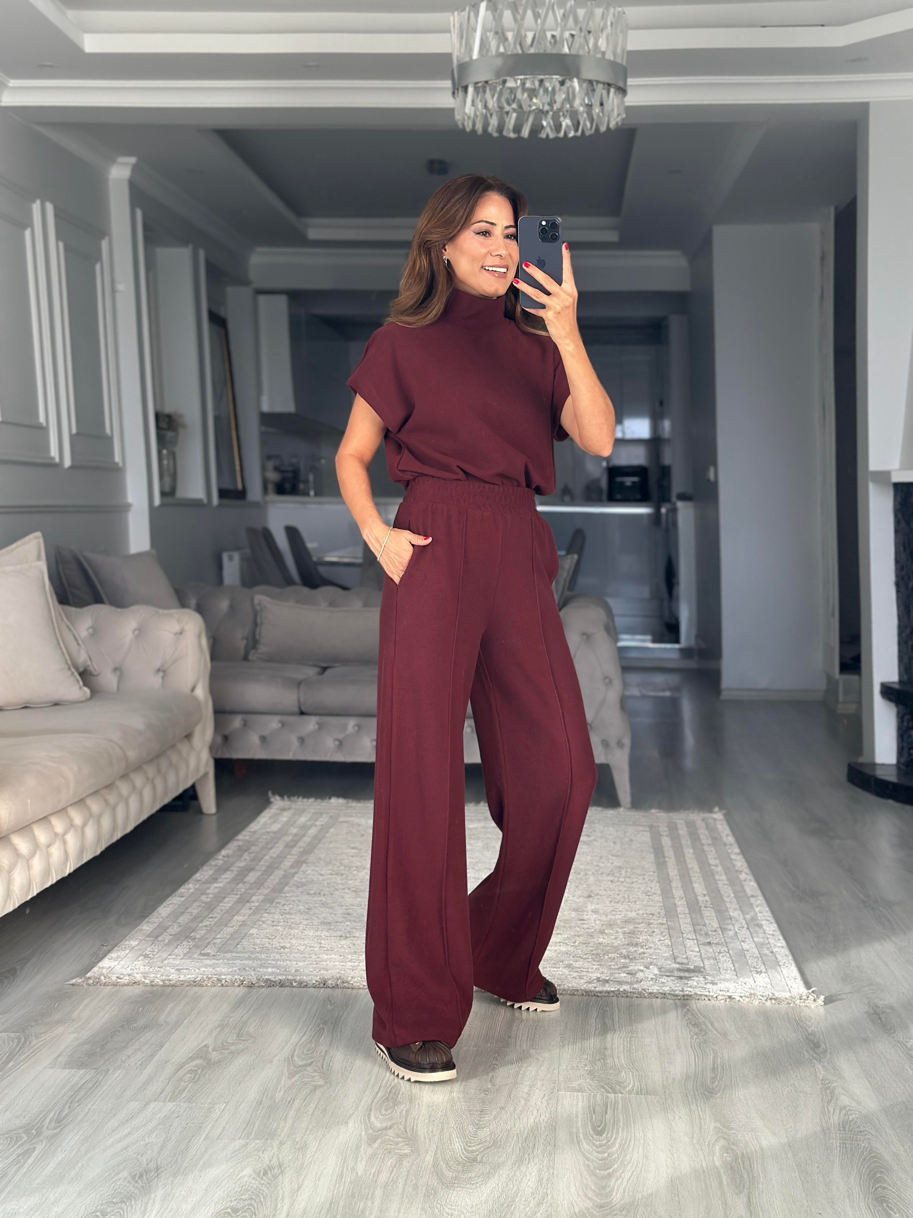 Bordo Dik Yaka Kolsuz Bluz Pantolon Kadın İkili Takım