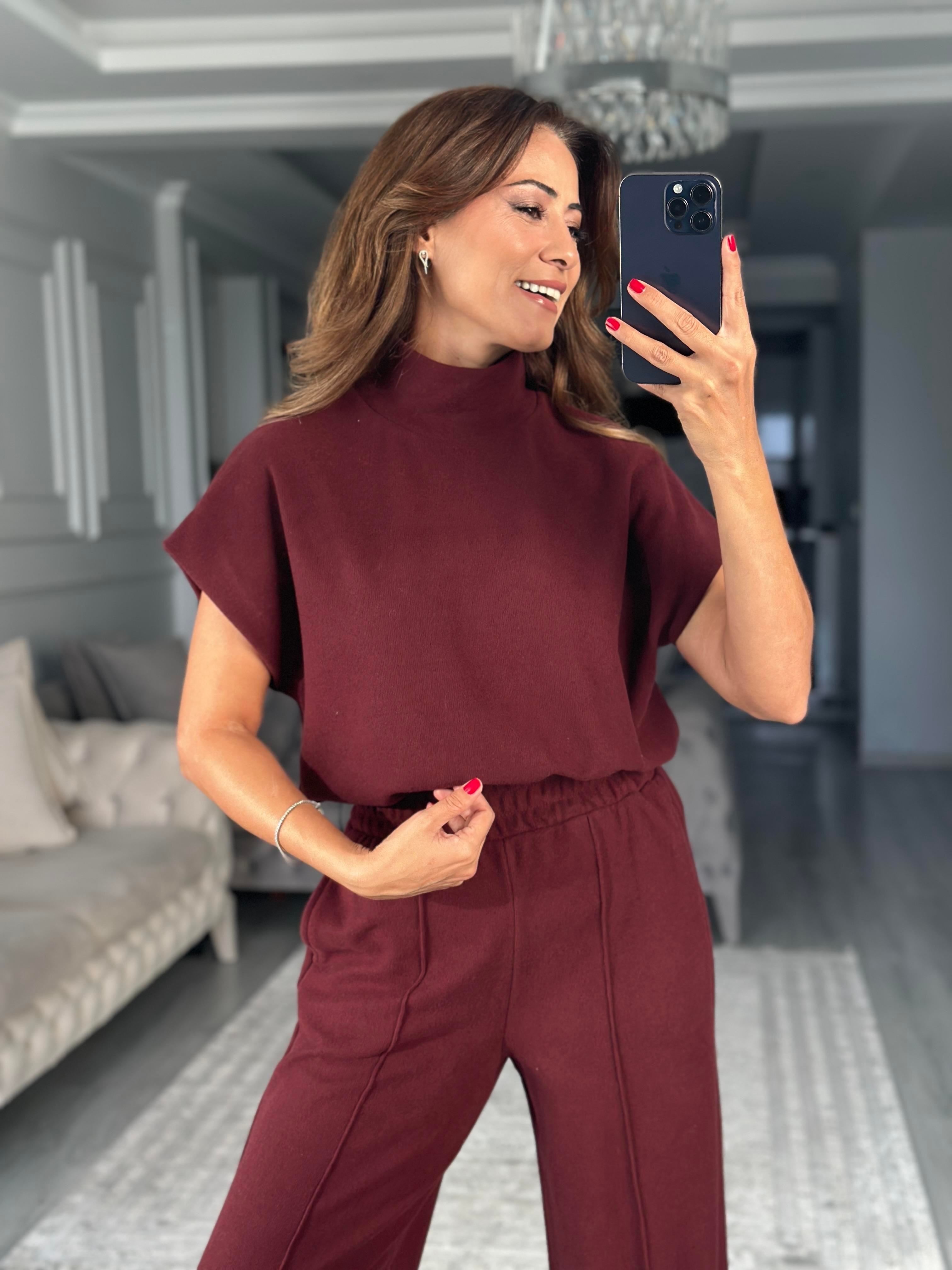 Bordo Dik Yaka Kolsuz Bluz Pantolon Kadın İkili Takım