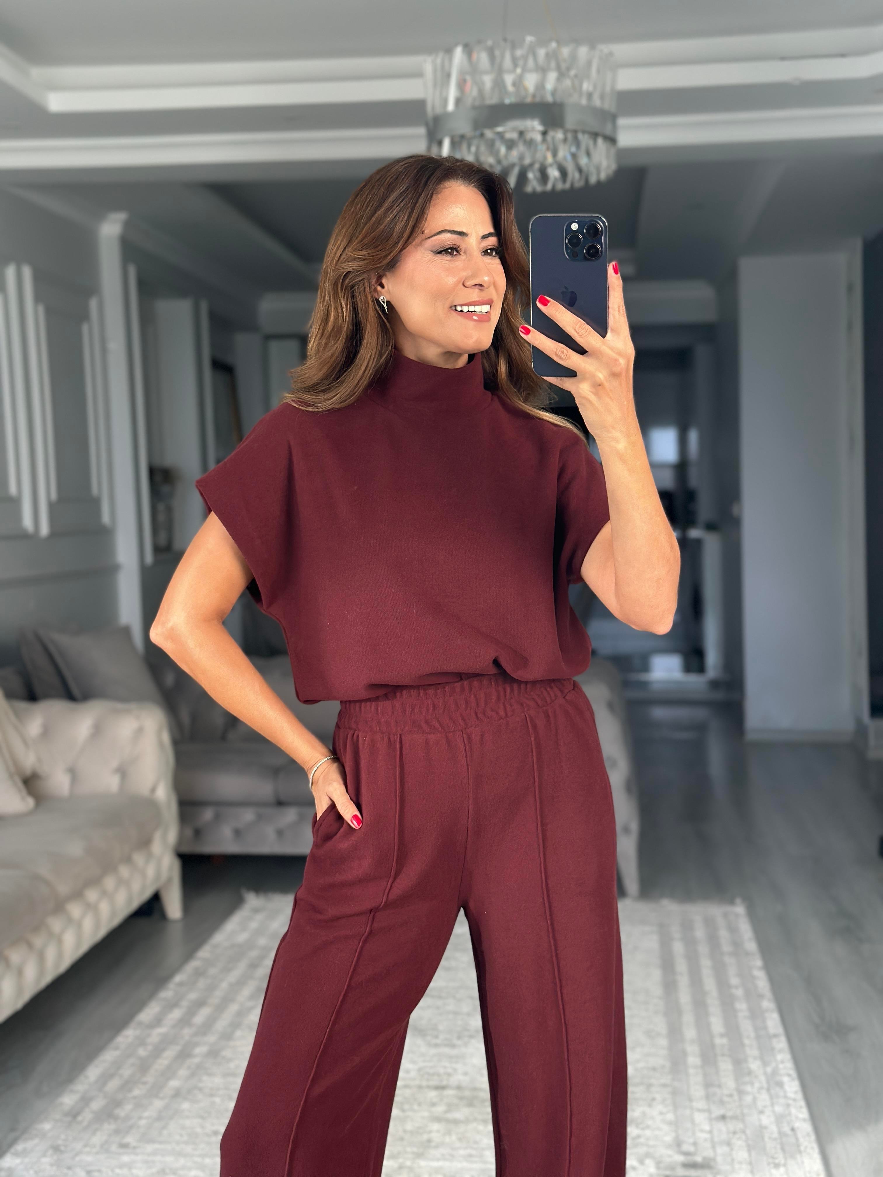 Bordo Dik Yaka Kolsuz Bluz Pantolon Kadın İkili Takım