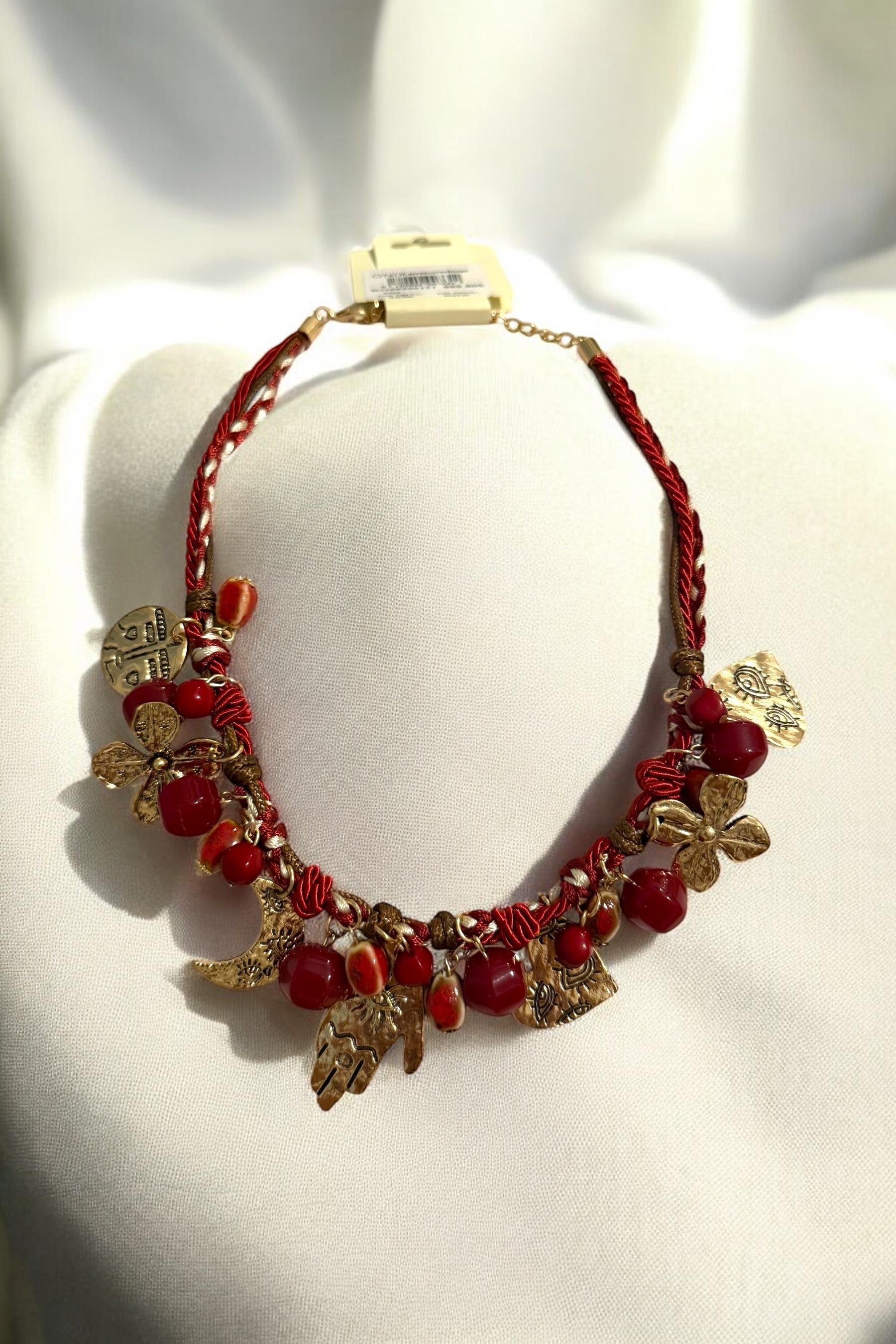 Bordo Etnik Sembollü Kadın Kolye