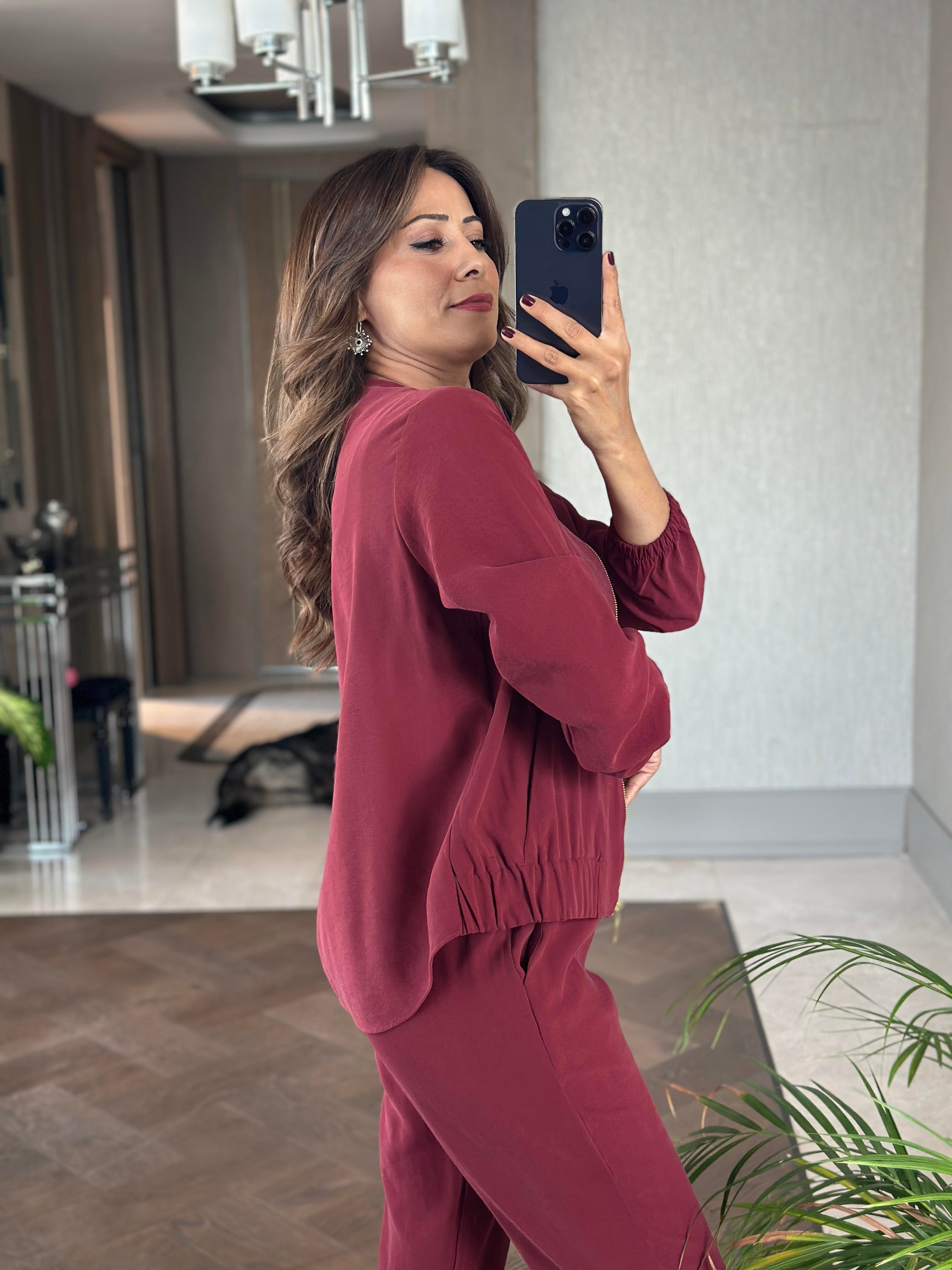 Bordo Fermuarlı Ceket Pantolon Kadın Alt Üst Takım