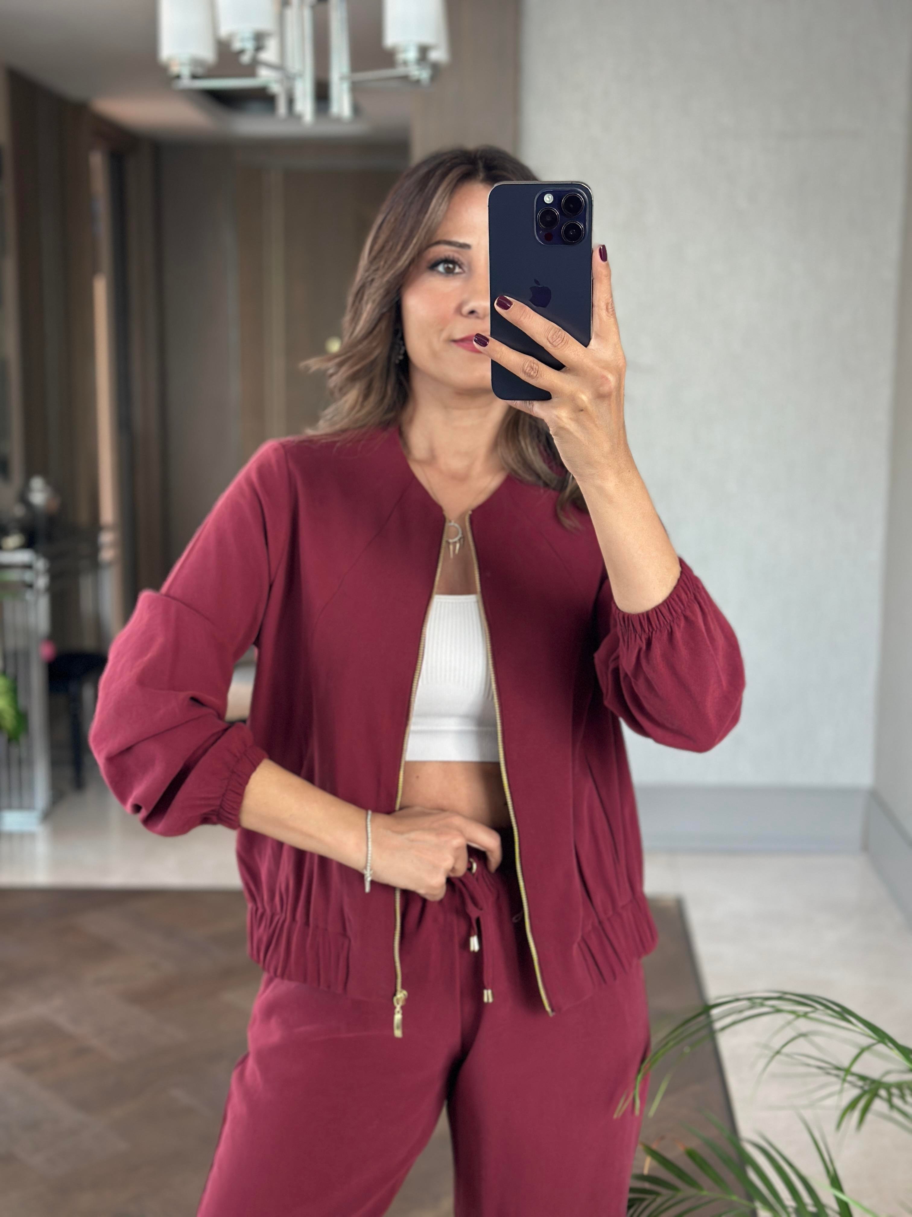 Bordo Fermuarlı Ceket Pantolon Kadın Alt Üst Takım