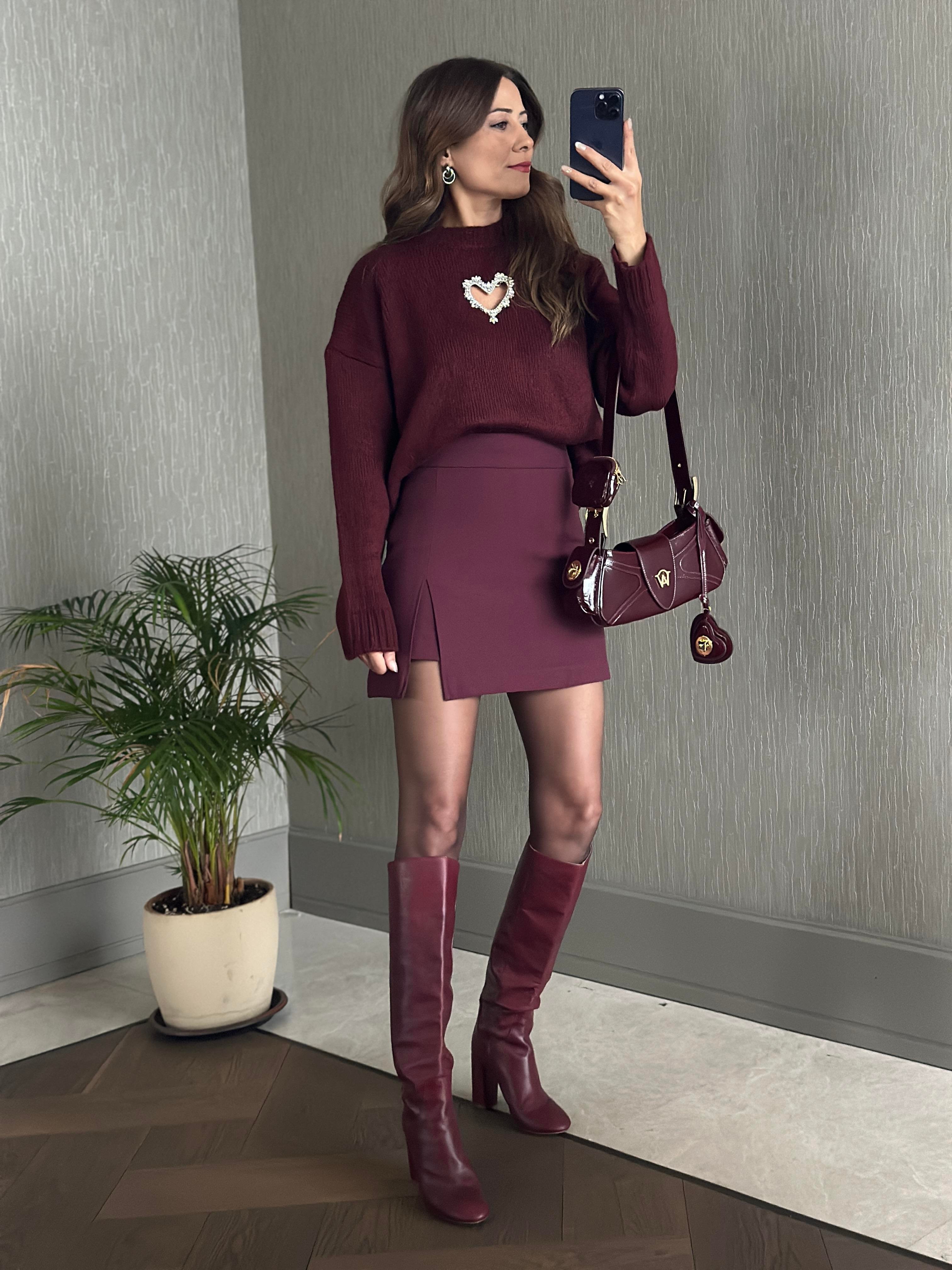 Bordo İçi Şortlu Yandan Fermuarlı Kadın Mini Etek