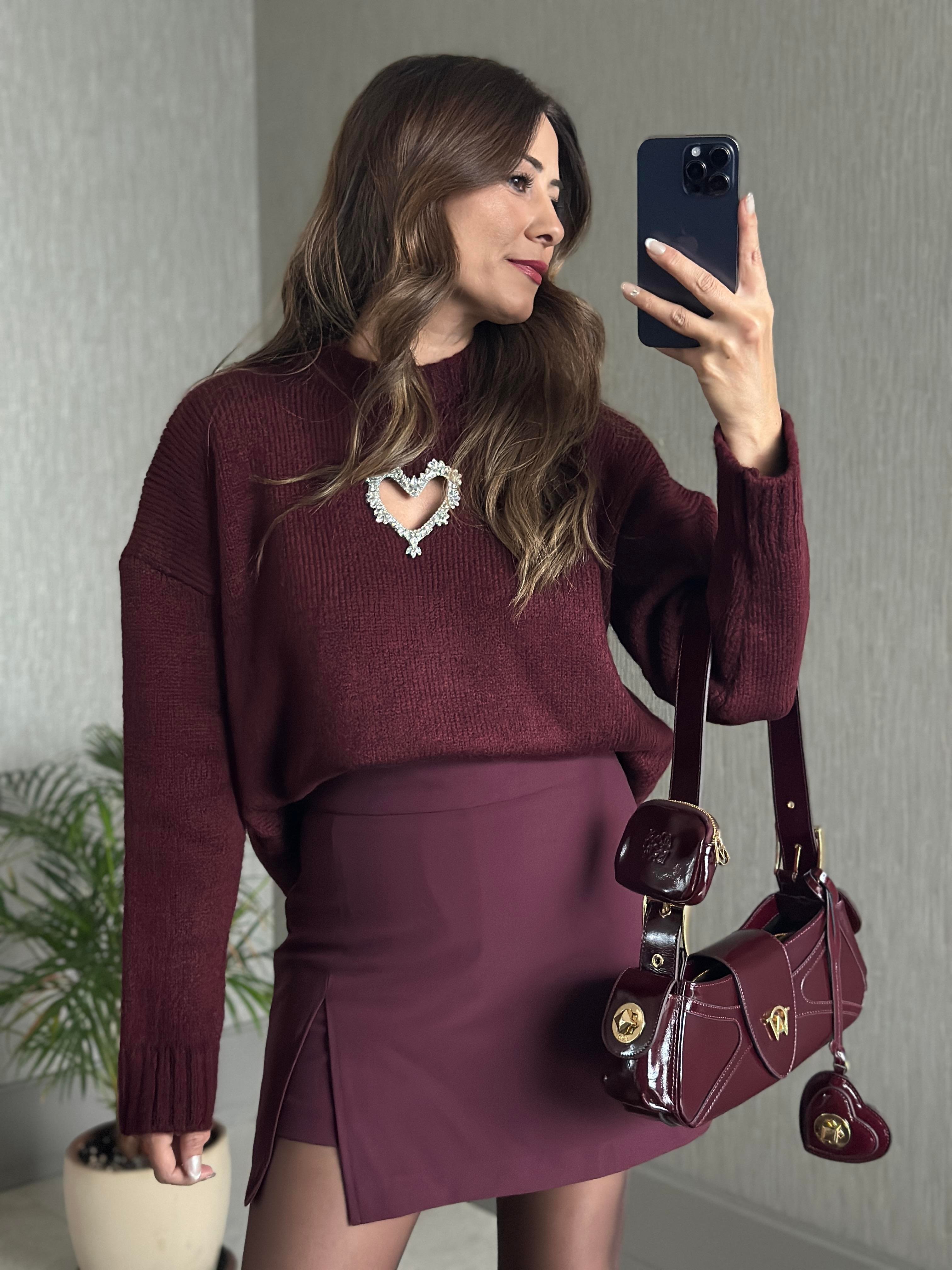 Bordo İçi Şortlu Yandan Fermuarlı Kadın Mini Etek