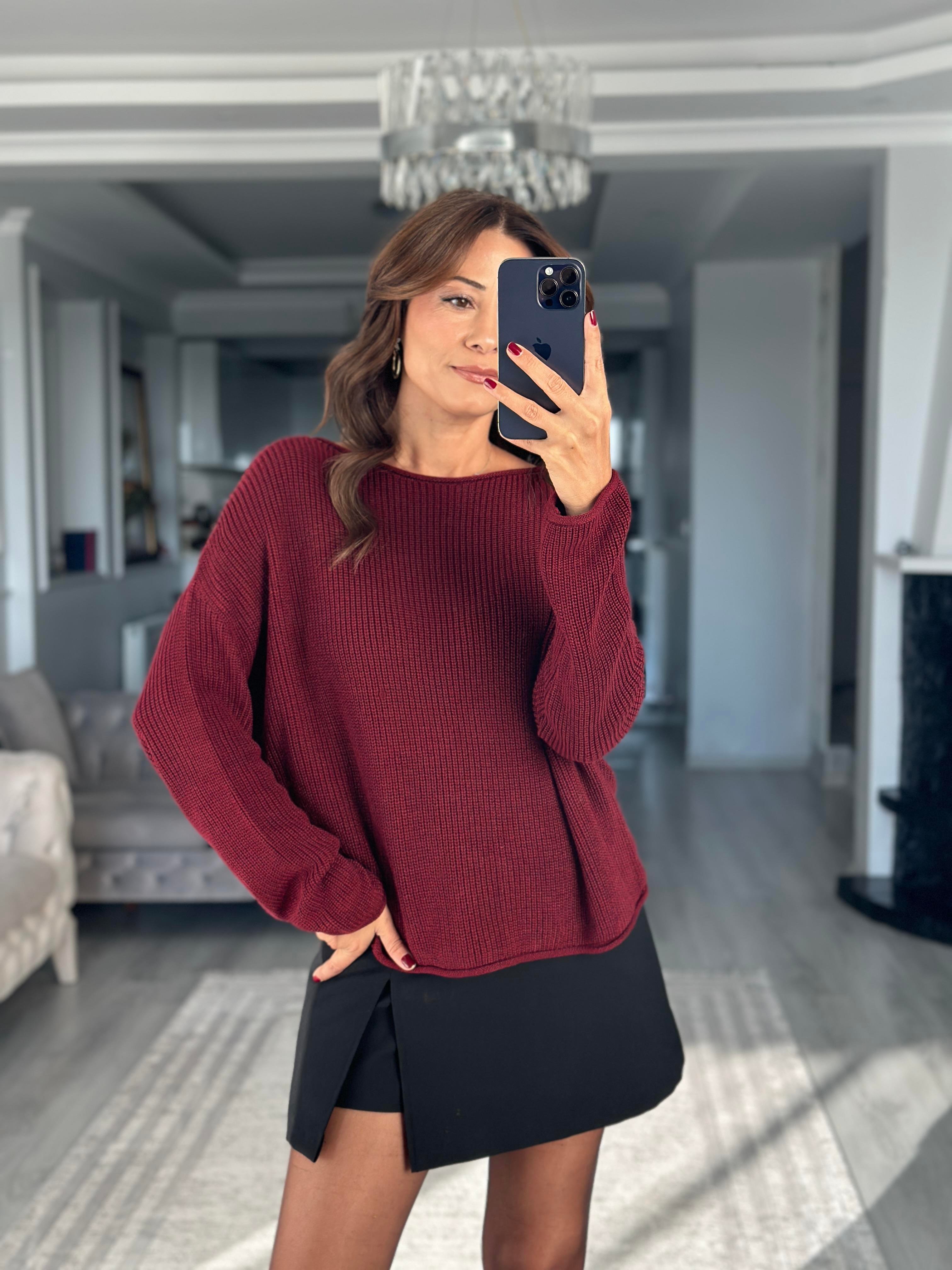 Bordo Kayık Yaka Basic Kadın Triko Kazak