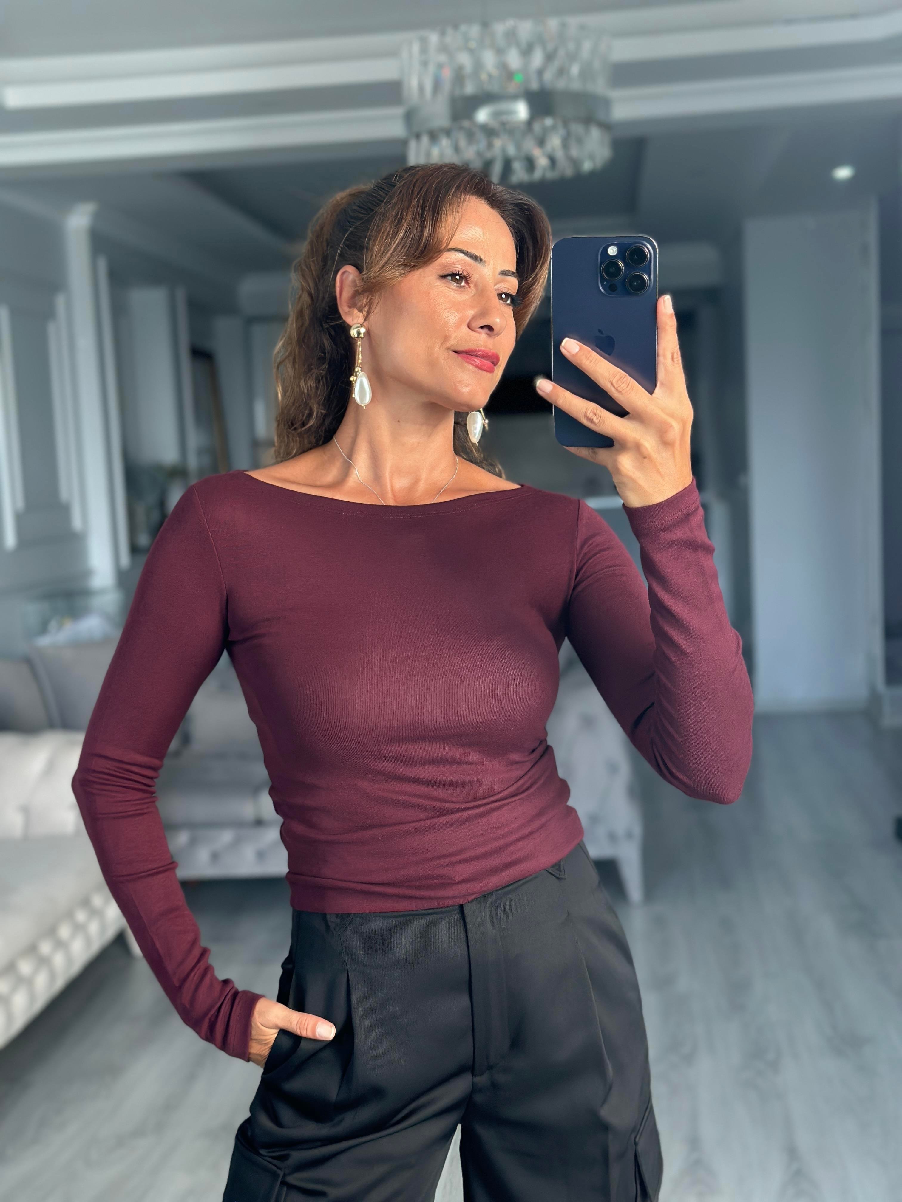 Bordo Kayık Yaka Uzun Kollu Top Kadın Bluz