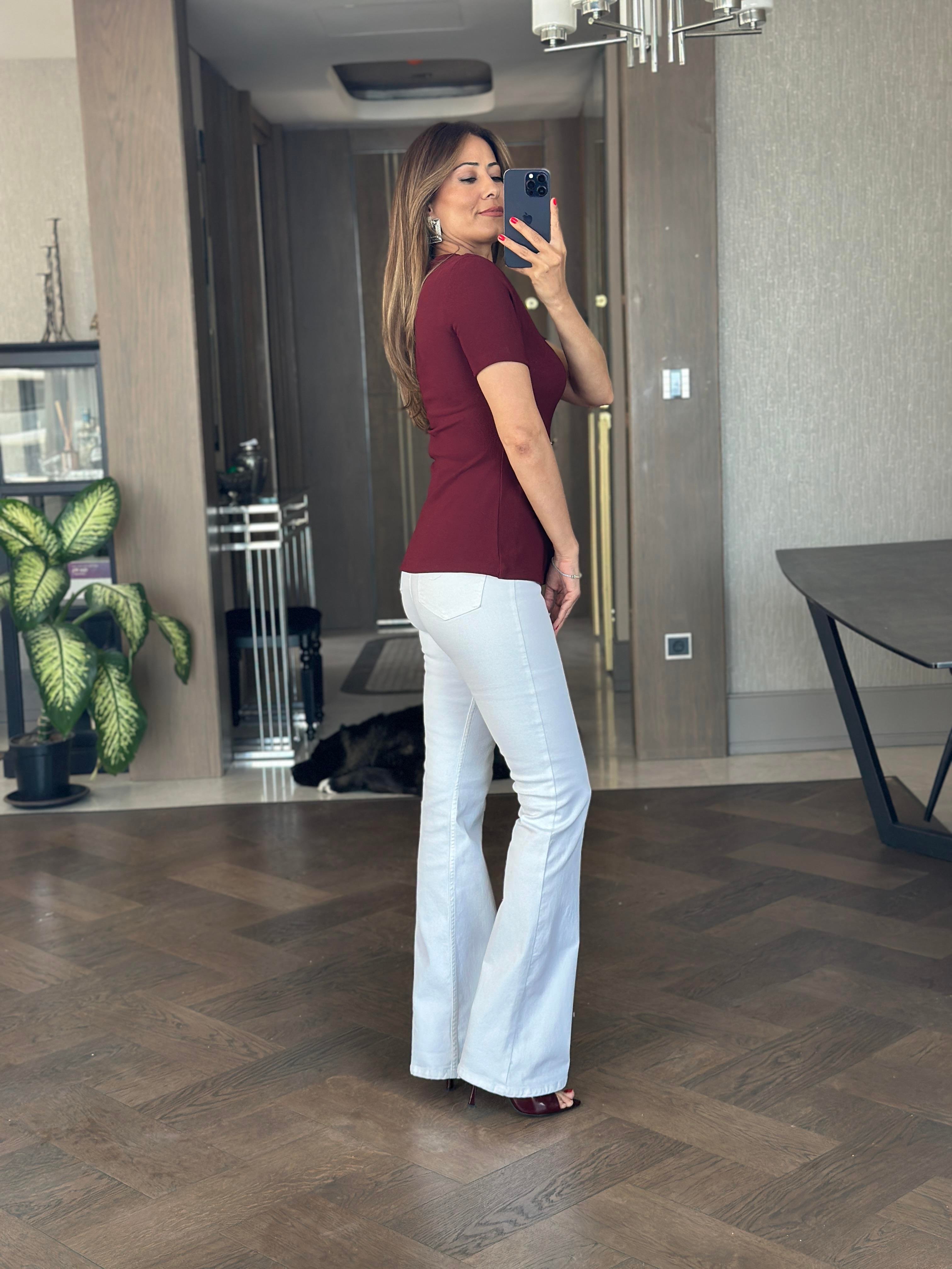 Bordo Kısa Kol Eteği V Güneş Serisi Kadın Bluz