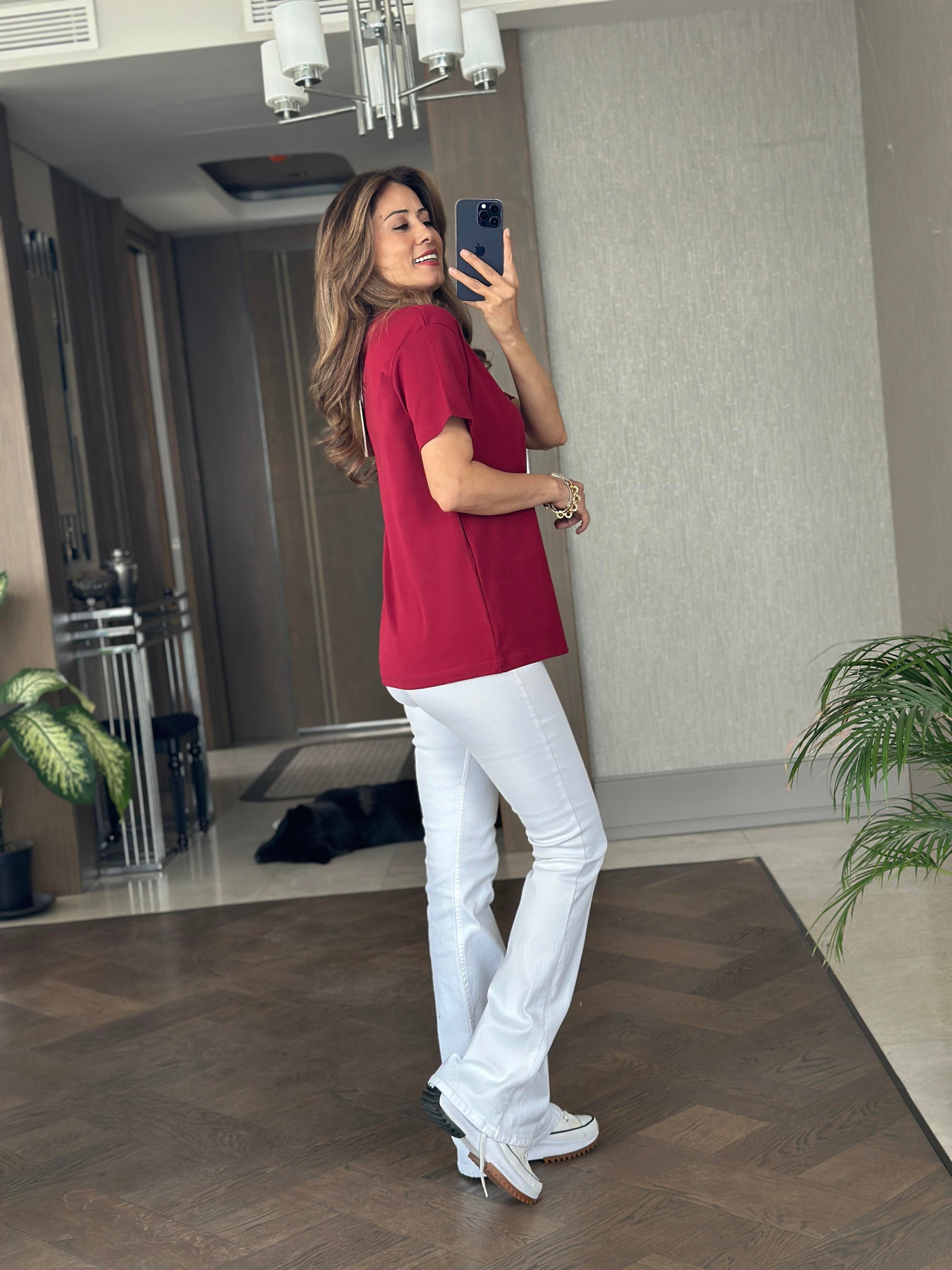 Bordo Kuş Taşlı Bisiklet Yaka Kısa Kol Kadın T-Shirt