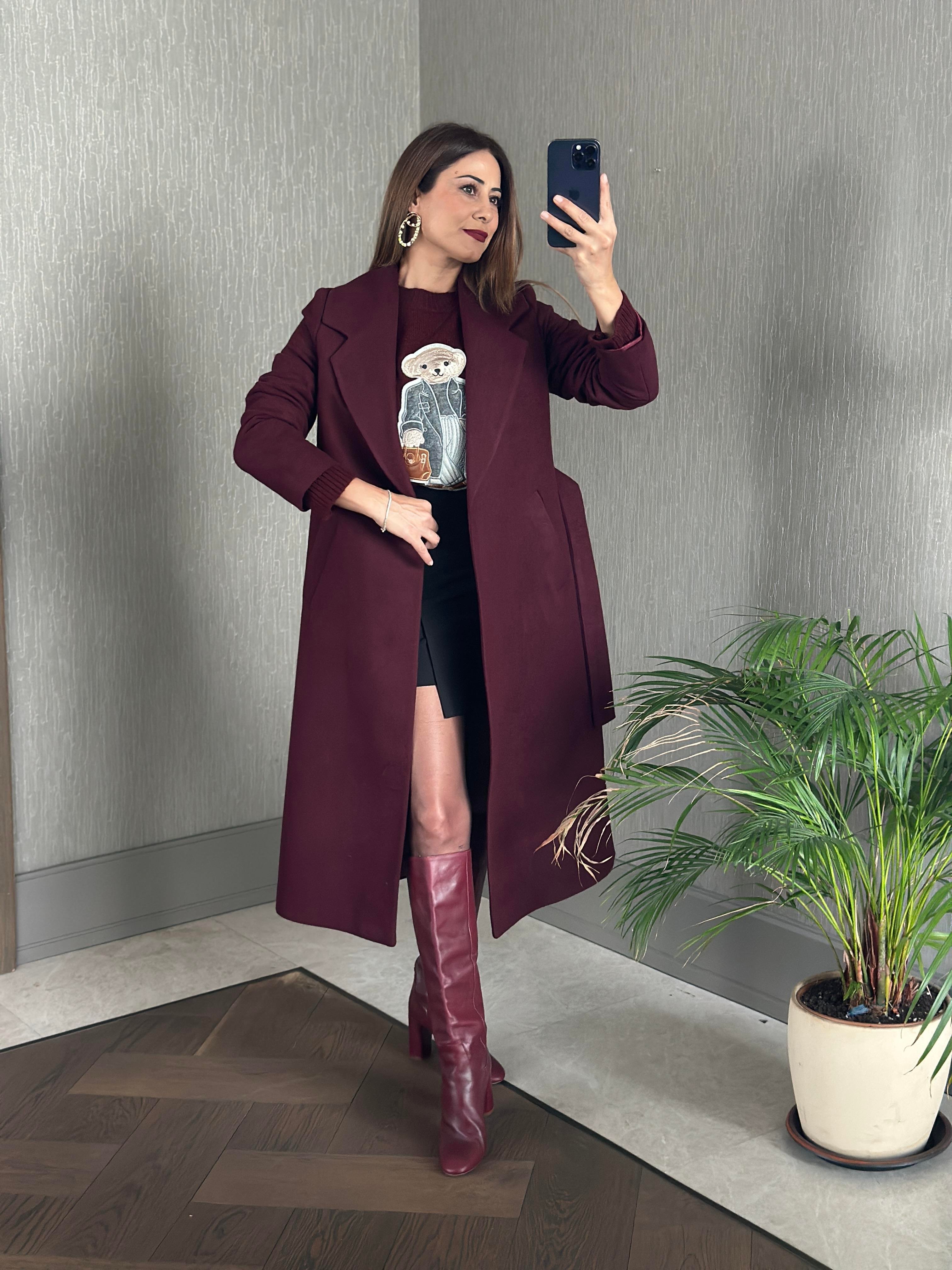 Bordo Kuşaklı Kesik Yaka Kaşe Kadın Kaban