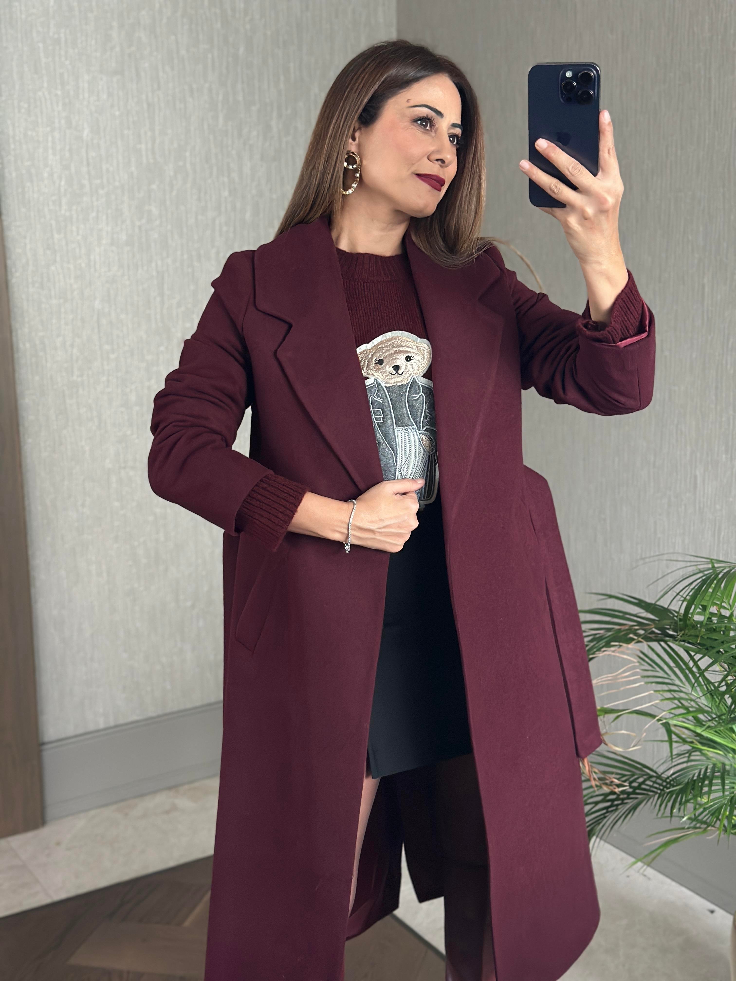 Bordo Kuşaklı Kesik Yaka Kaşe Kadın Kaban