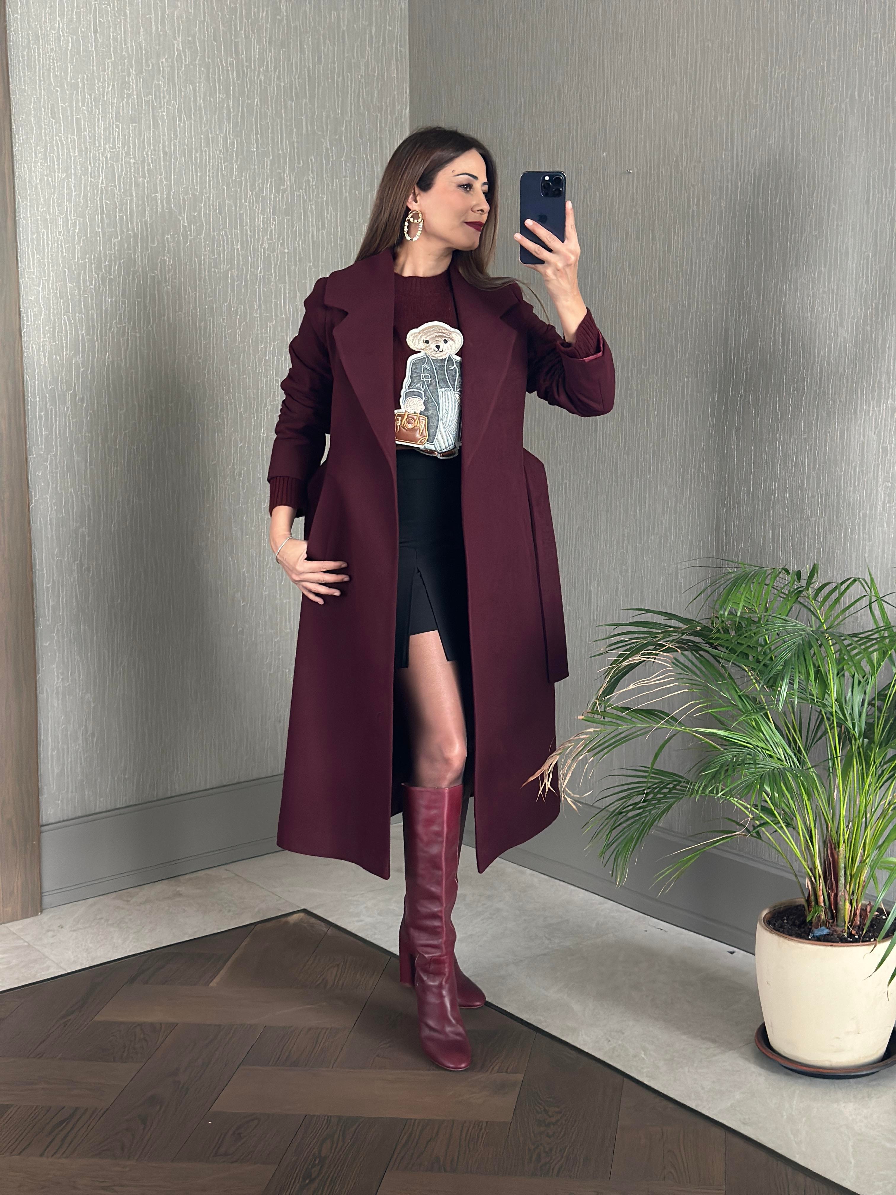 Bordo Kuşaklı Kesik Yaka Kaşe Kadın Kaban