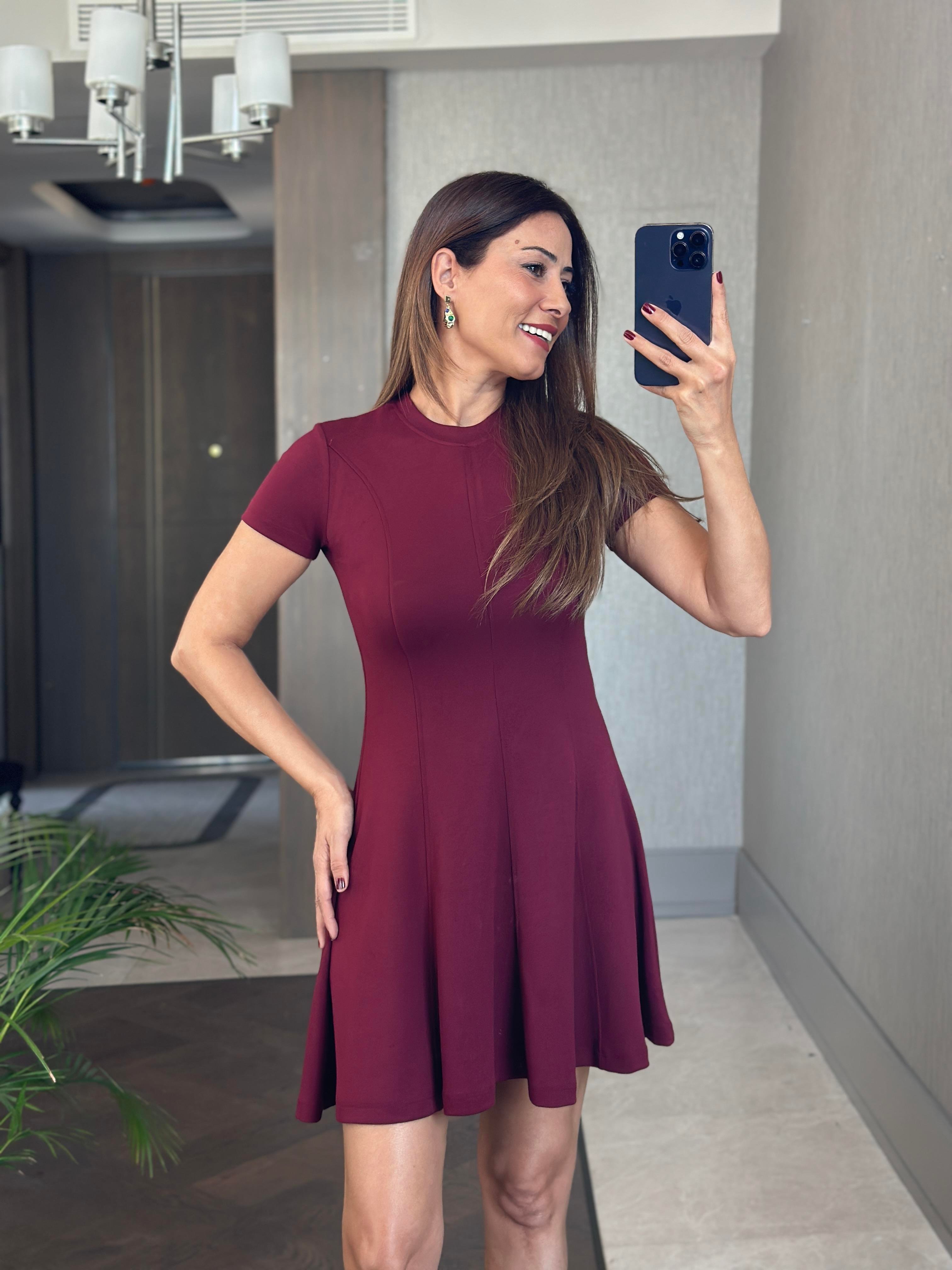 Bordo Modal Kısa Kol Dikiş Detay Kadın Mini  Kloş Elbise