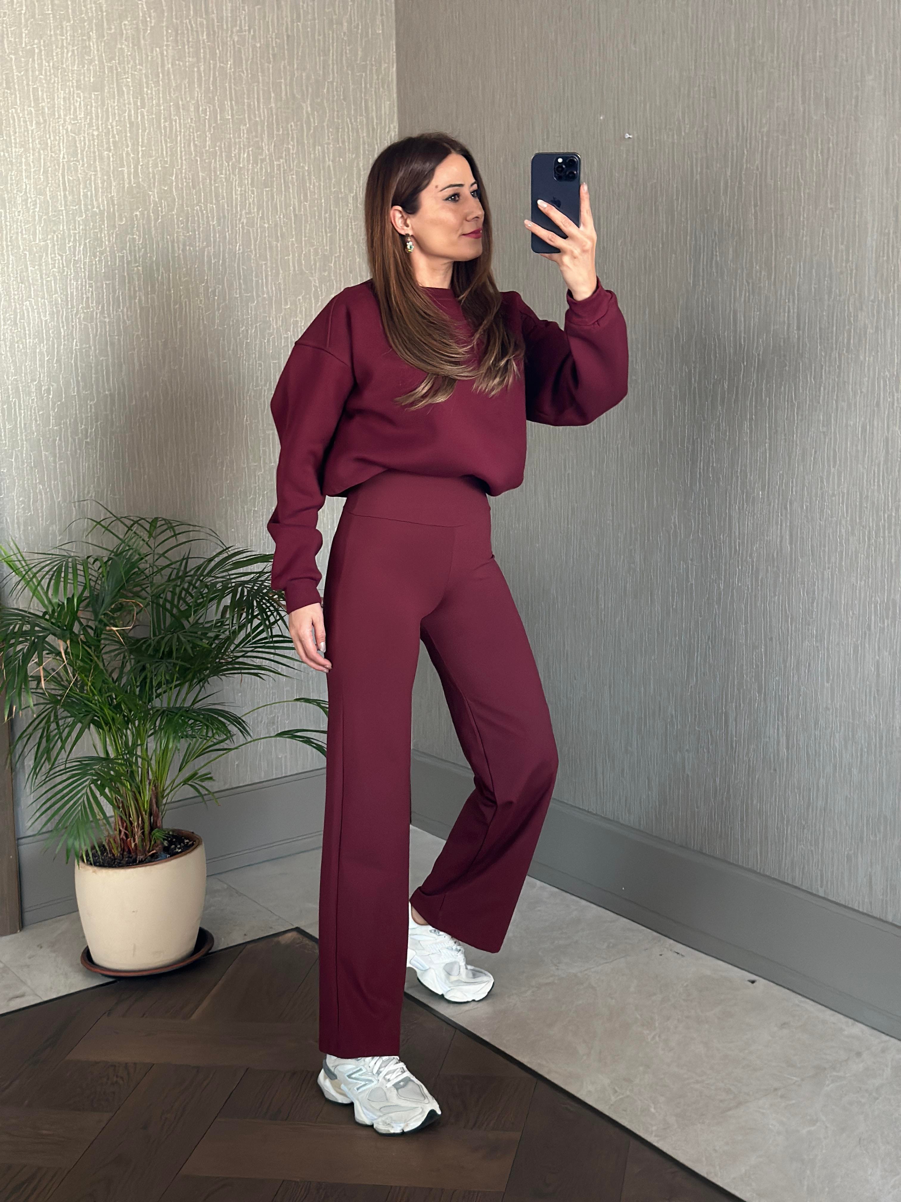 Bordo Omzu Dikiş Detaylı Bisiklet Yaka Şardonlu Kadın Sweatshirt