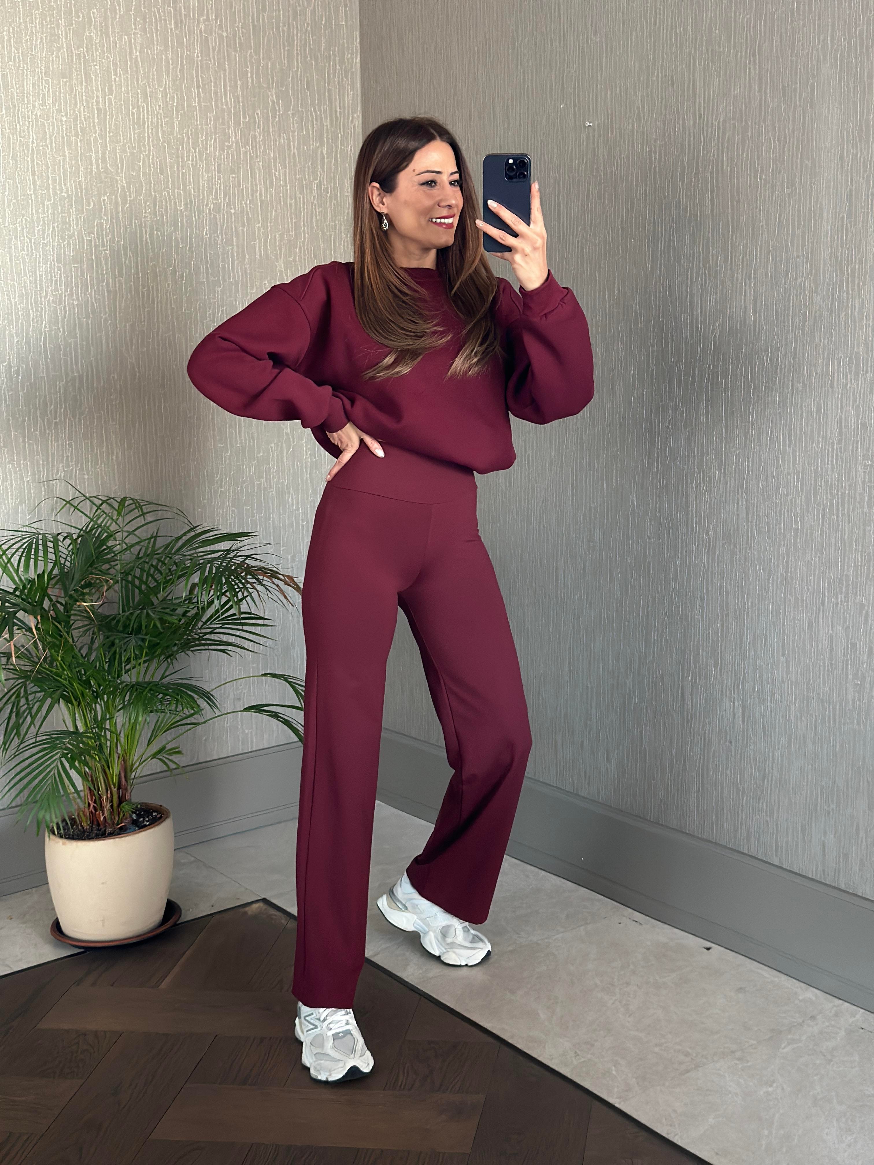Bordo Omzu Dikiş Detaylı Bisiklet Yaka Şardonlu Kadın Sweatshirt
