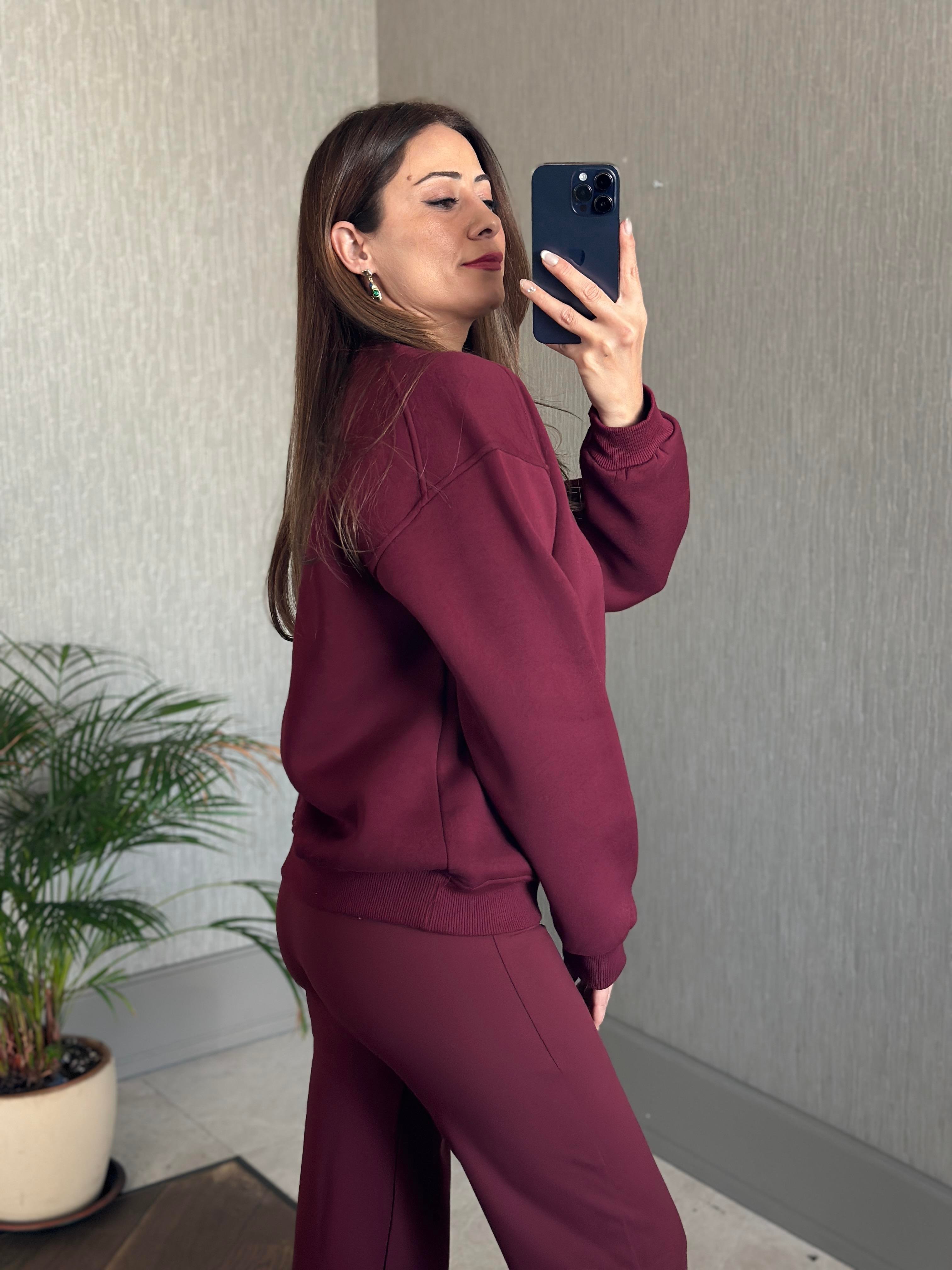 Bordo Omzu Dikiş Detaylı Bisiklet Yaka Şardonlu Kadın Sweatshirt