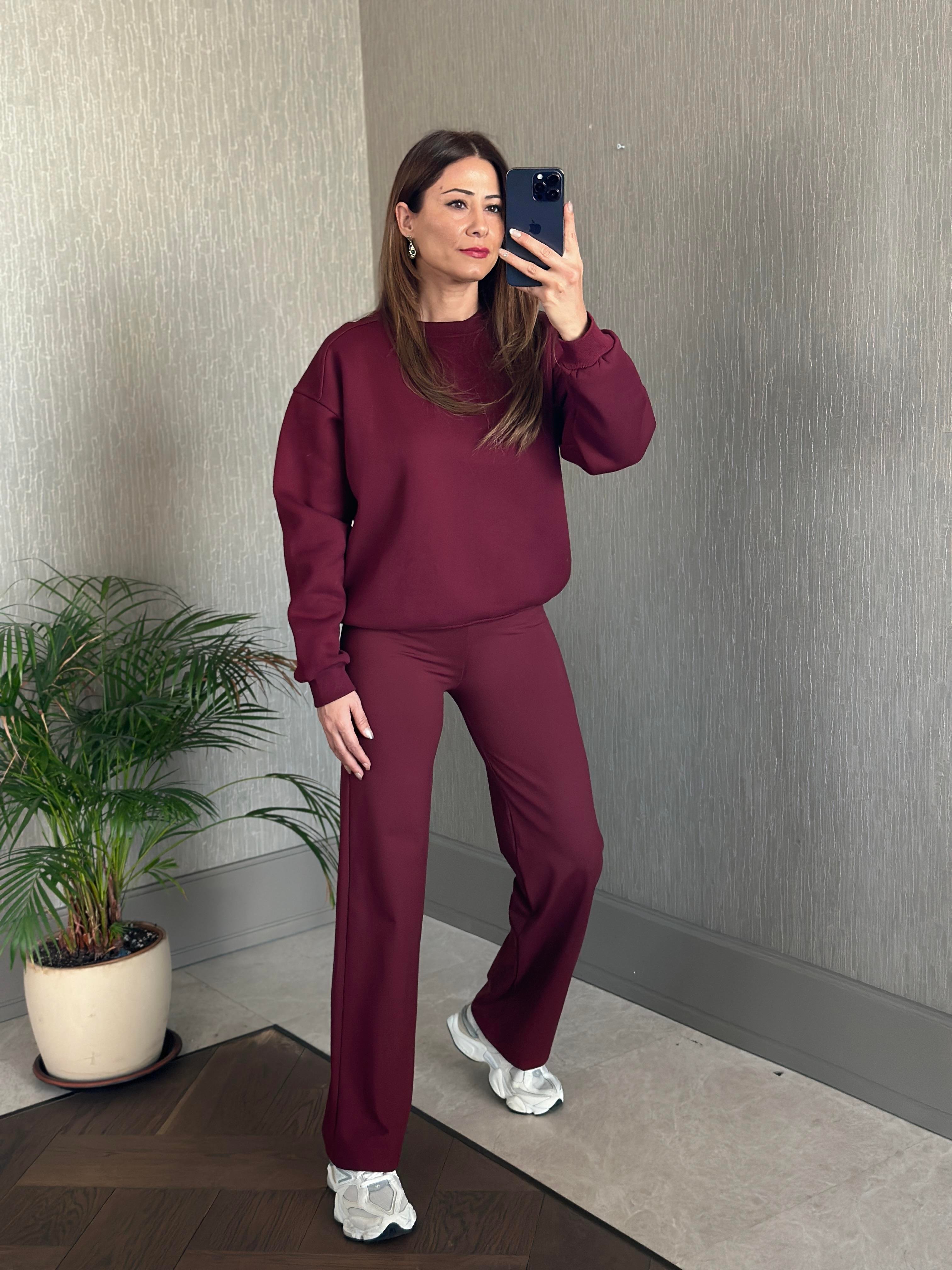 Bordo Omzu Dikiş Detaylı Bisiklet Yaka Şardonlu Kadın Sweatshirt