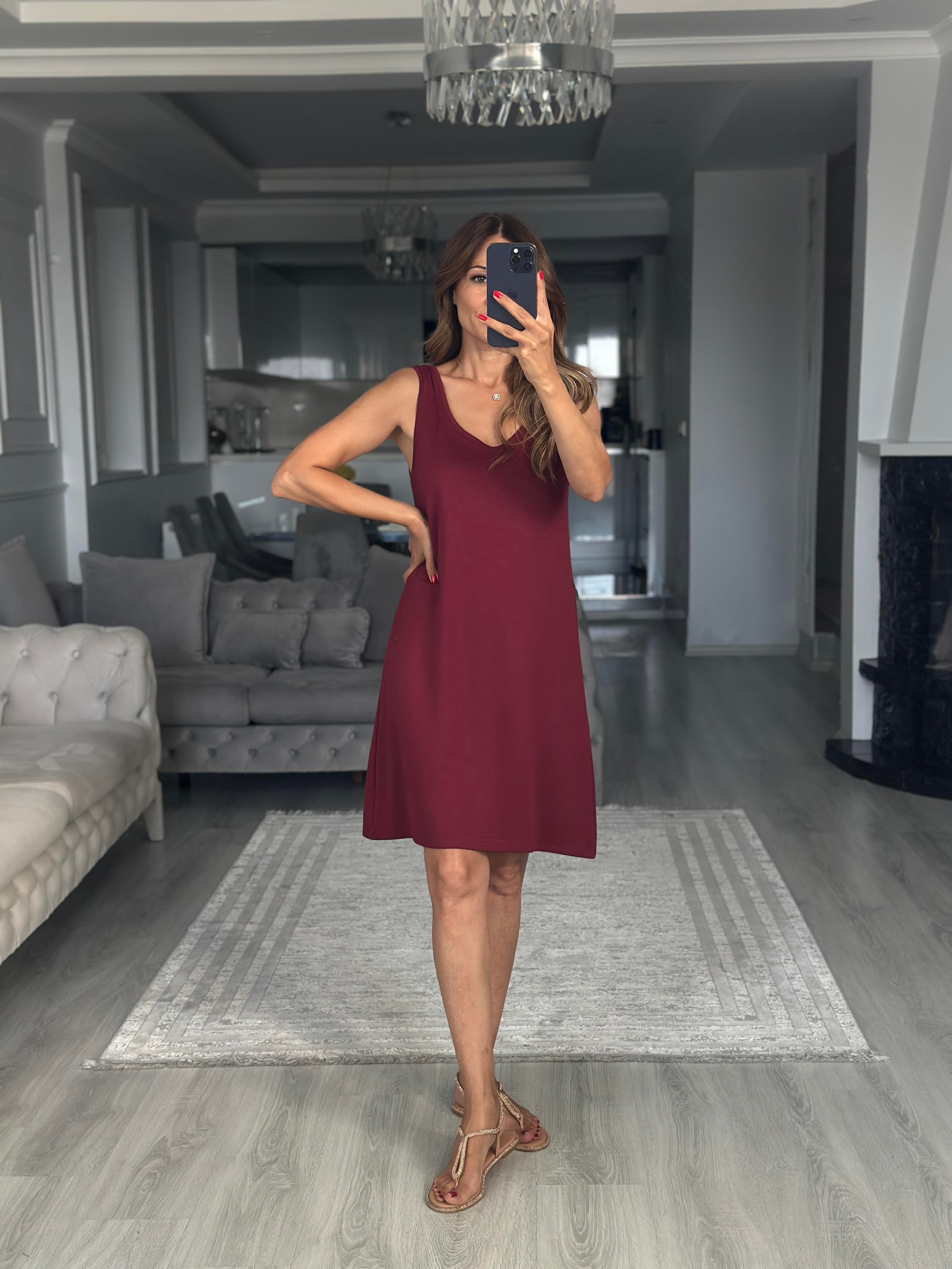 Bordo Ön Arka U Yaka  Basic Mini Kadın Elbise